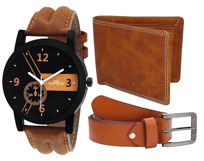 XPRA Analog Watch, Brown PU Leather Belt & Brown Leather Wallet for Men/Boys Combo (Pack of 3) - (WL-3CMB-12)