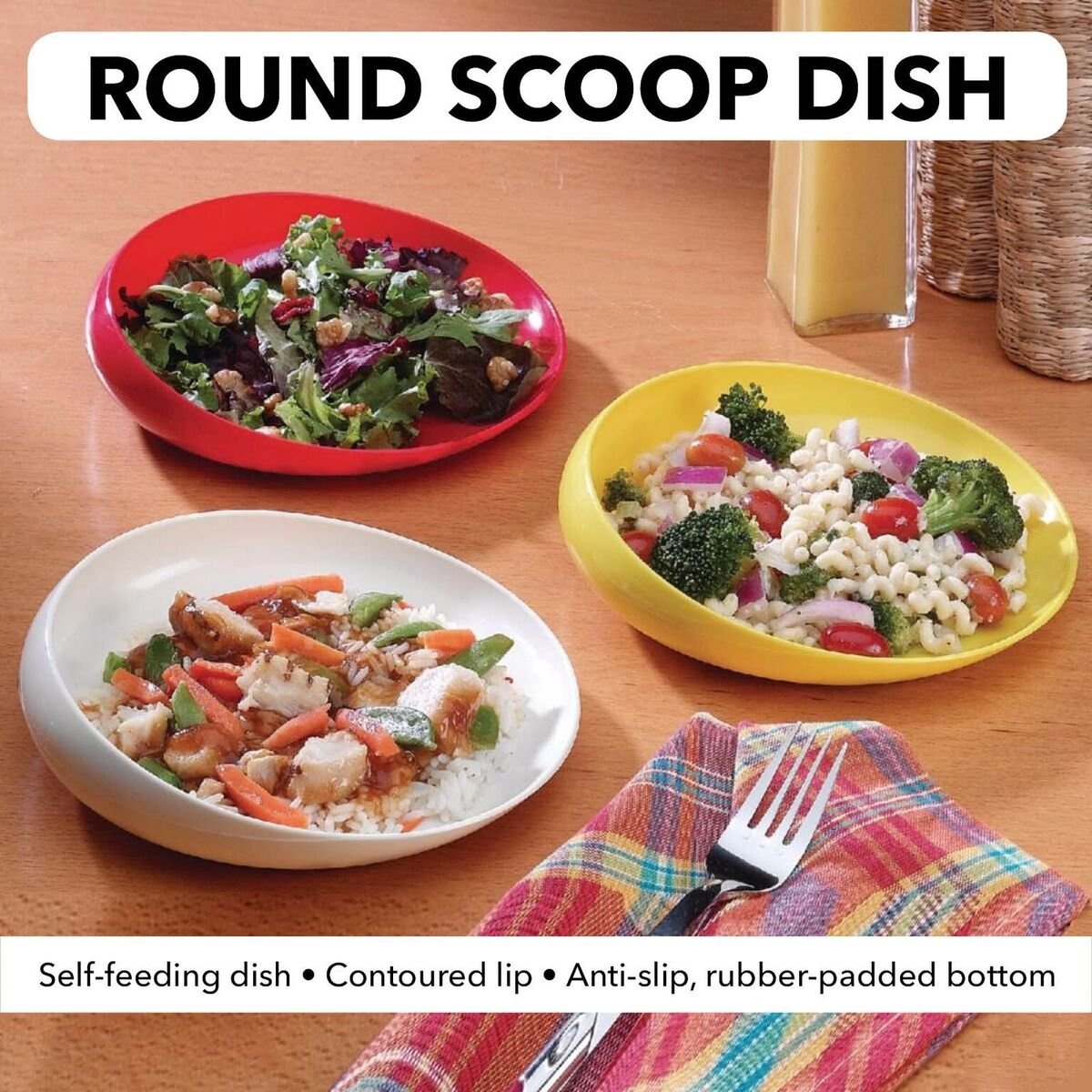 Red Round Scoop Dish, Unbreakable 8" Scooper Bowl for Elderly, Disabled, & Handicapped, Plate with Non Skid Rubber Padded Bottom for Independent Eating, Self-Feeding Aid: Industrial & Scientific