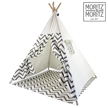 Moritz & Moritz Tipi Zelt für Kinder - Grau Zackenmuster - Kinderzelt Spielzelt Geschenkidee - Mit Bodendecke und Fenster - F