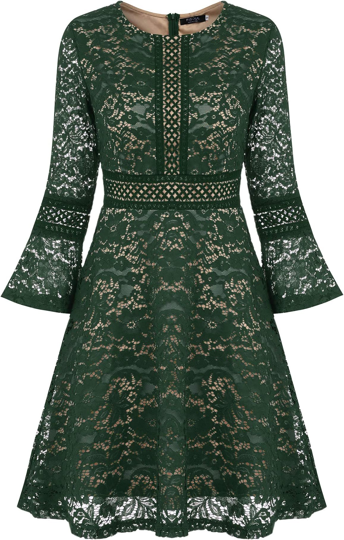 FISOUL Women's Vintage Full Lace Contrast Bell Sleeve Big Swing A-Line Dress