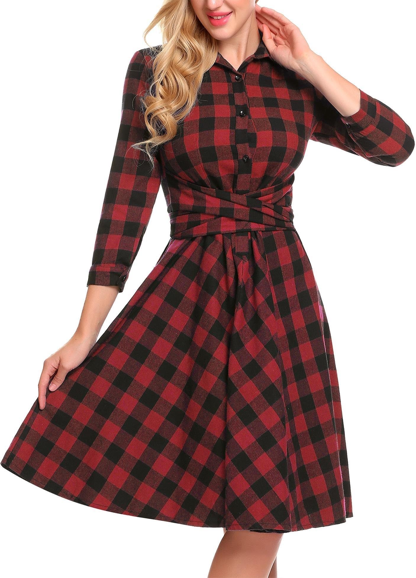 Burlady Women's Plaid Dress - Girl's 3/4 Sleeve Button Down Checker Shirt Dress with Belt