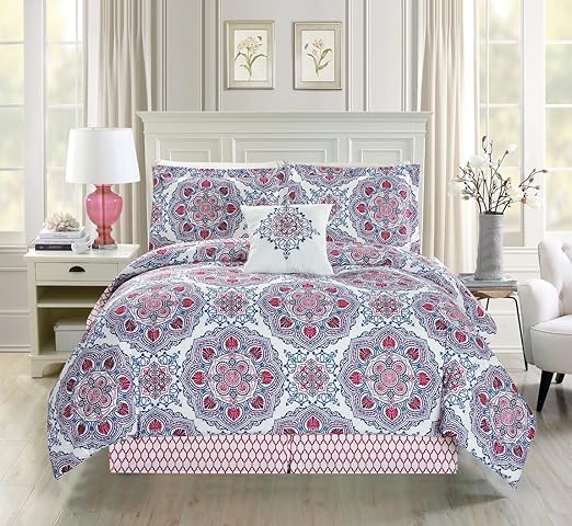 Amazon Com 5 Piece Medallion Floral Red Blue White Comforter Set