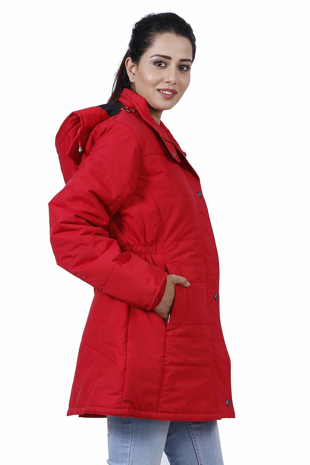 hiver women's nylon red full-sleeved winter jacket with hood