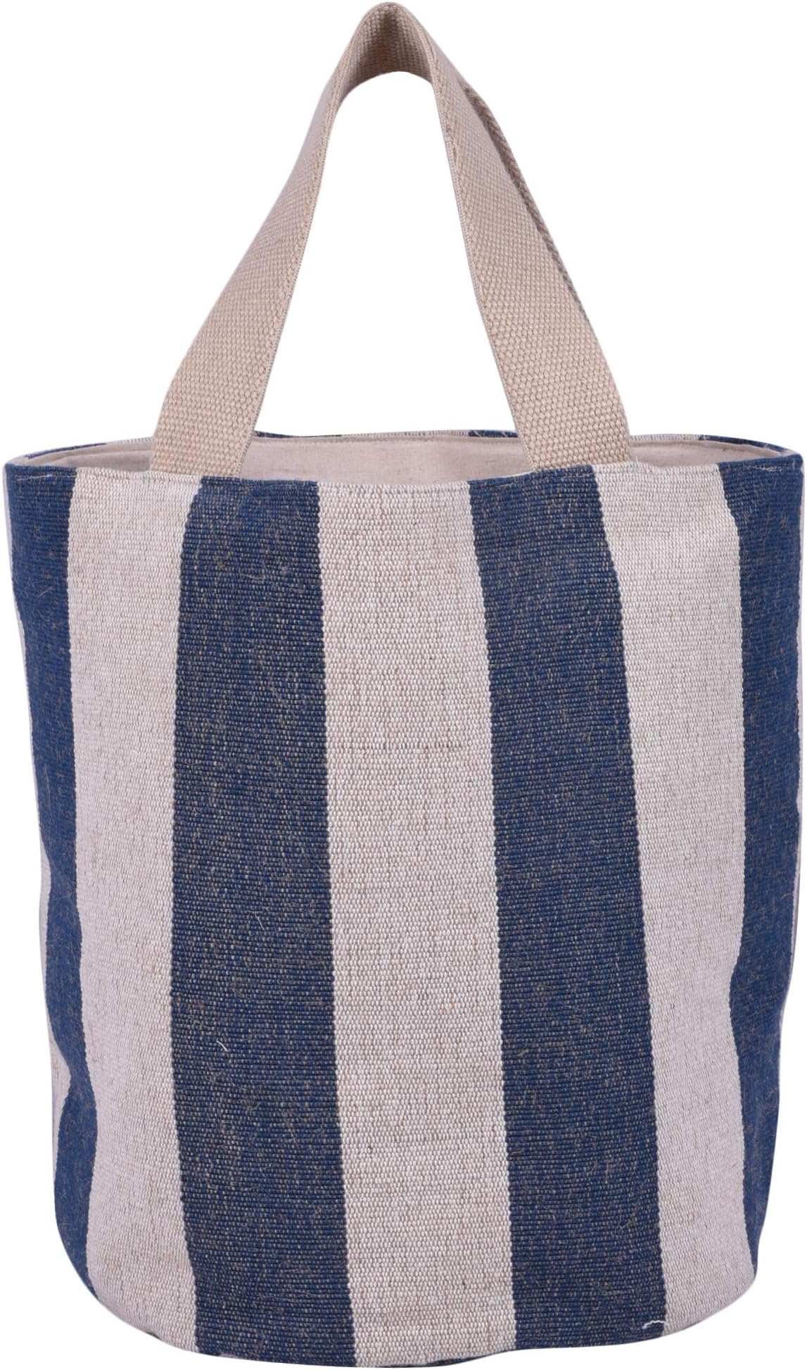 SNH HOMES Women's Cotton Jute Blue & White Striped Multipurpose Tote Basket Bag with Cotton Handle (Lunch Bag,Travel Bag, Beach Bag, Grocery Bag, Ladies Shopping Handbag, Picnic Gym & Yoga Bag)