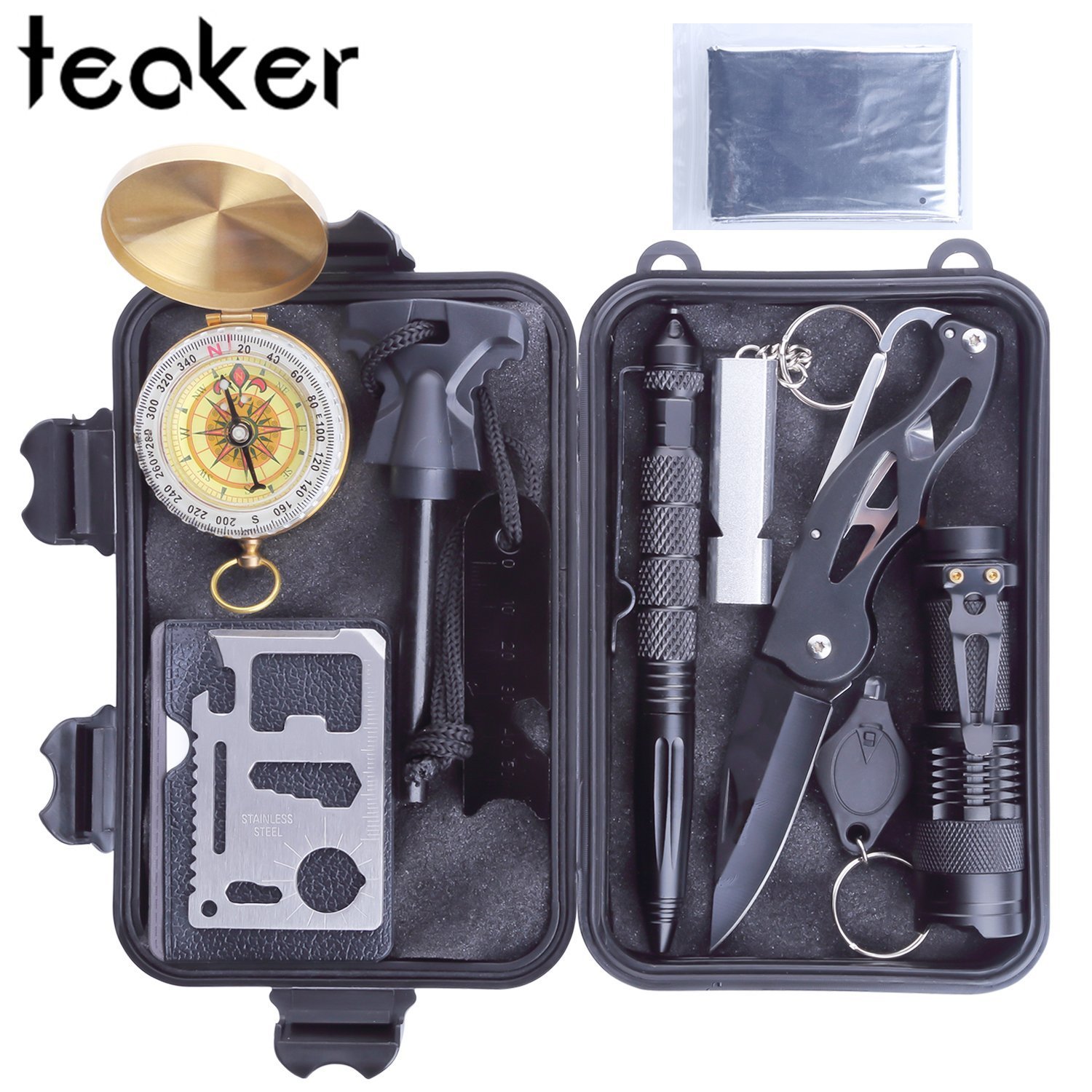 Outdoor Survival Kit,10 in 1 Professional Emergency Survival Kits Tools with Fire Starter Whistle Survival Flashlight Tactical Pen etc For Outdoor Travel Hike Field Camp