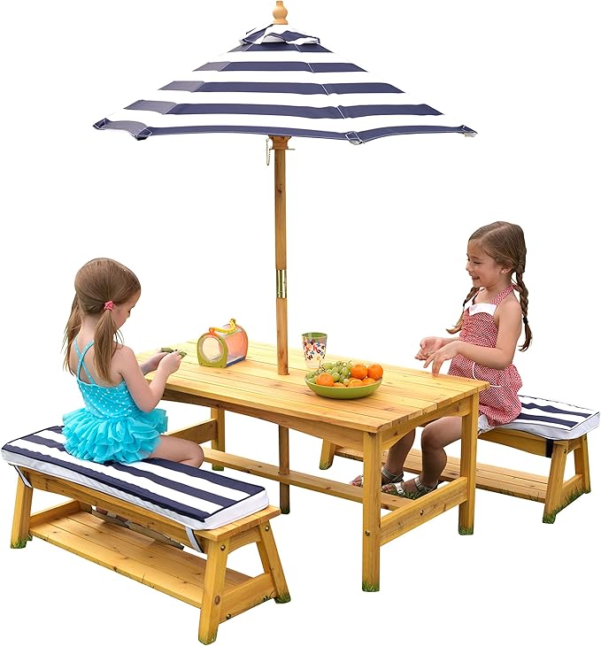 KidKraft 106 Wooden Outdoor Table Bench Set with Pillows and Umbrella