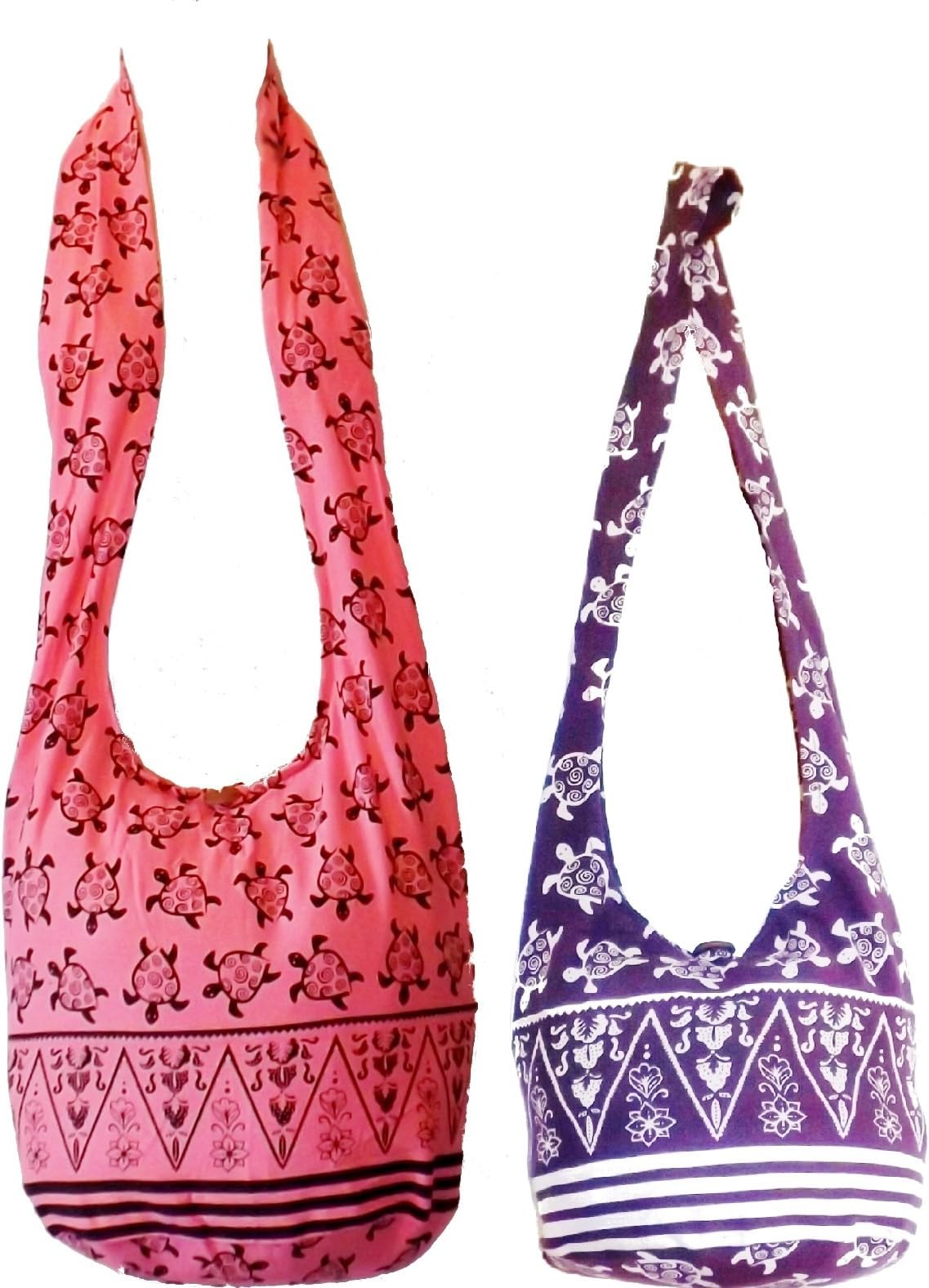 Pink Turtle Jumbo & Purple Turtle Regular Sling Cross Body Shoulder Bags Hippie Hobo Thai Cotton Bohemian Tote Beach Bag Gym Bag Craft Bag Satchel Grocery Fishing Lunch and Purses by Audrey Slavich