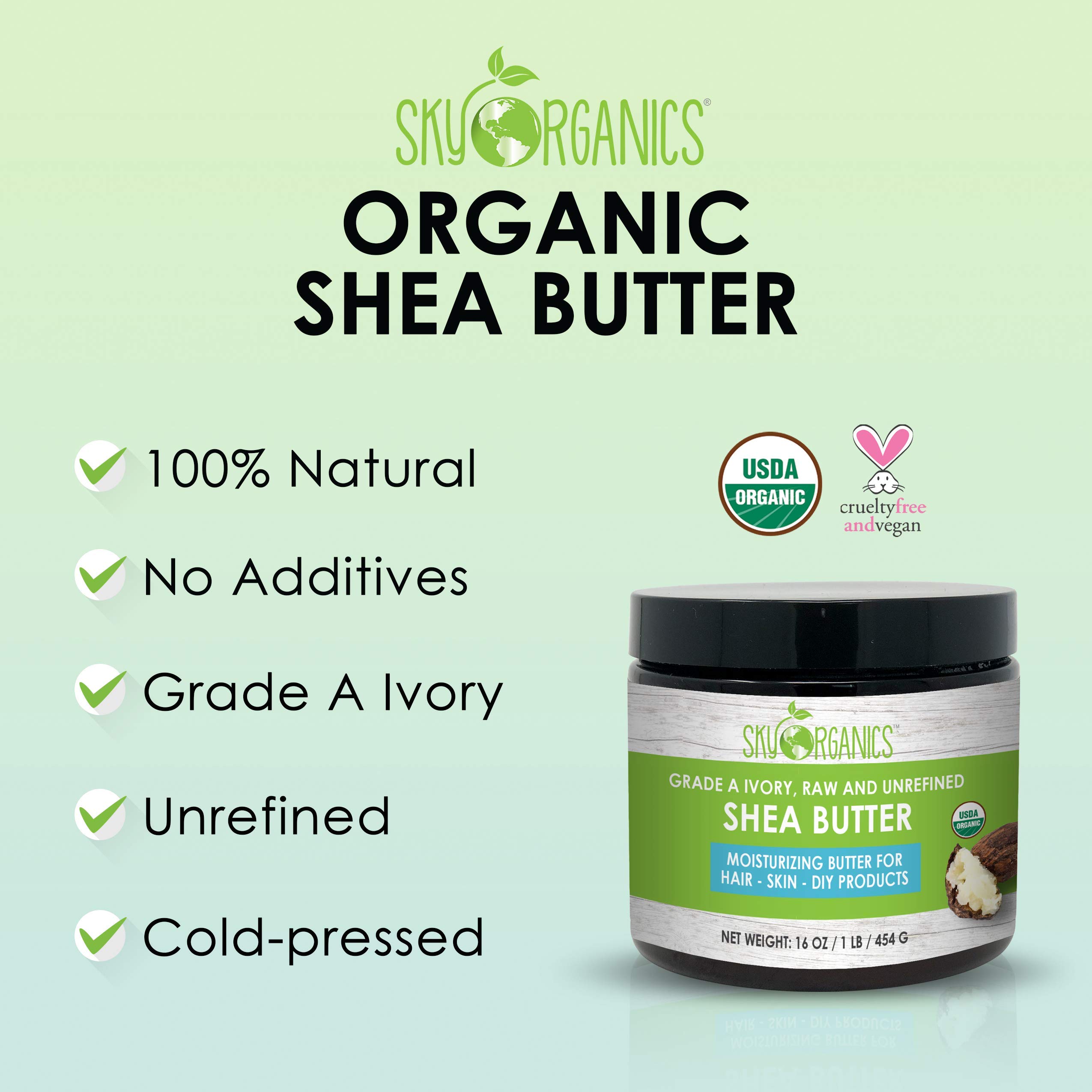 Organic Raw Unrefined Shea Butter by Sky Organics (16oz) Grade A Ivory