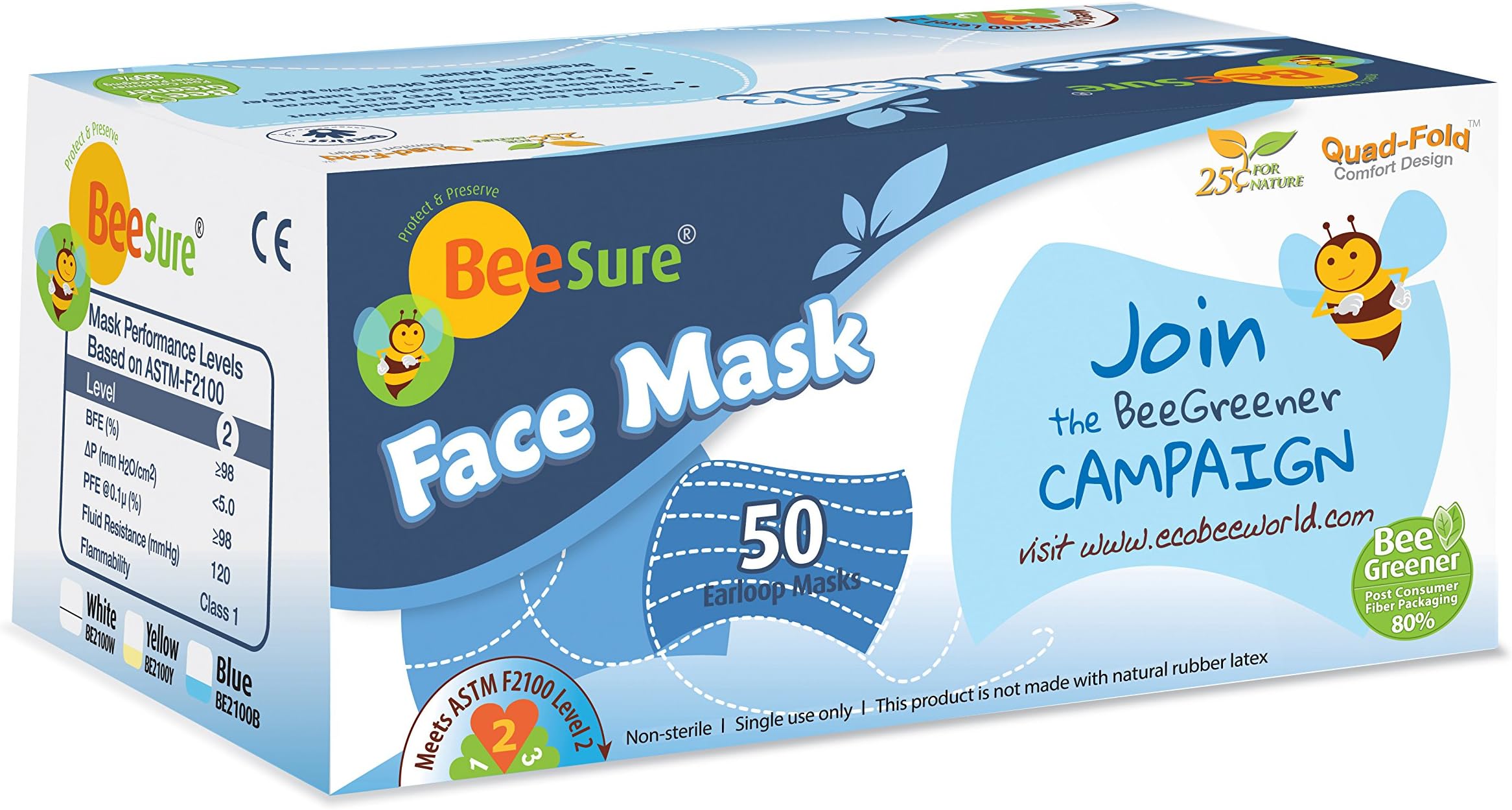 BeeSure BE2100Wcase Ear Loop Face Masks, White (Pack of 400)