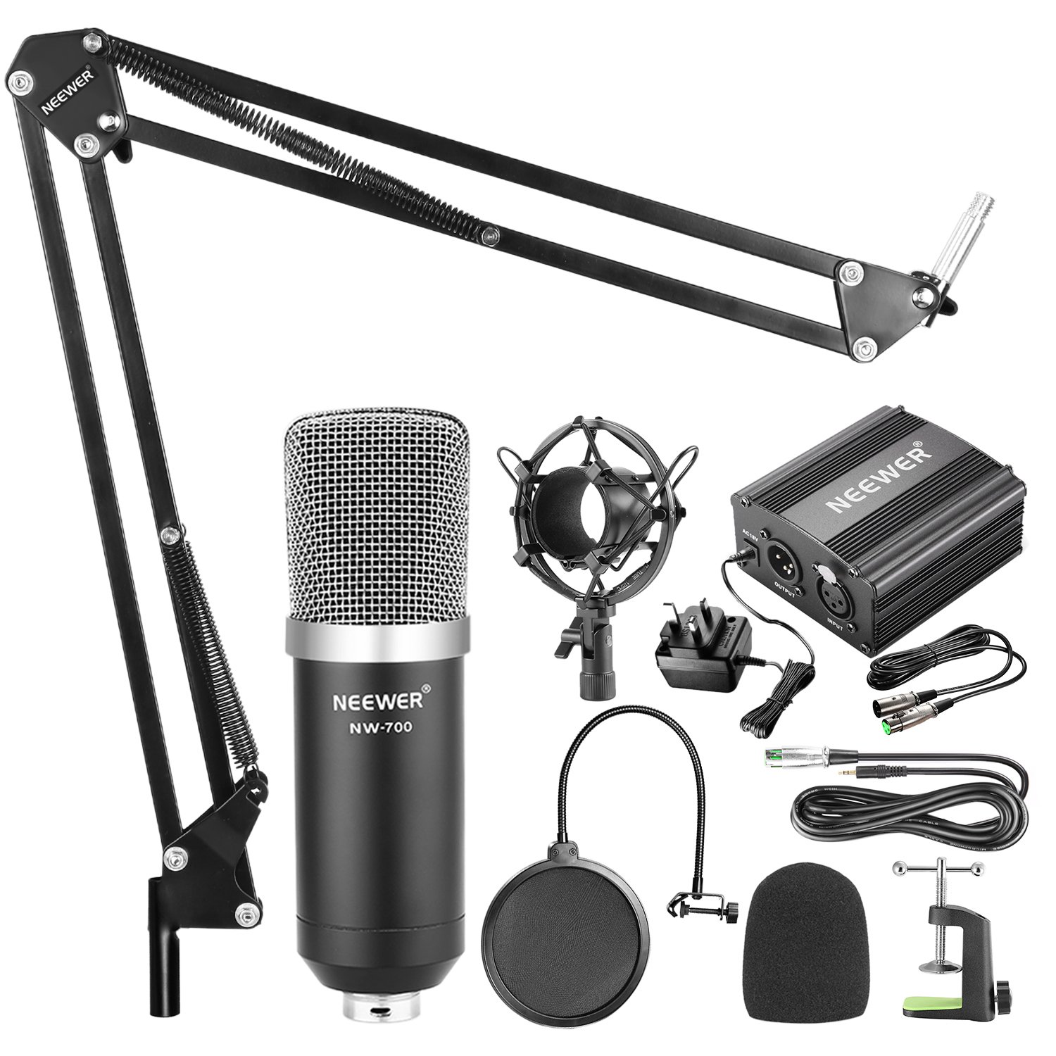 Neewer NW-700 Condenser Microphone Kit - Black Mic, Black 48V Phantom Power Supply,NW-35 Boom Scissor Arm Stand with Shock Mount and Pop Filter,XLR Male to Female Cable for Home Studio Recording