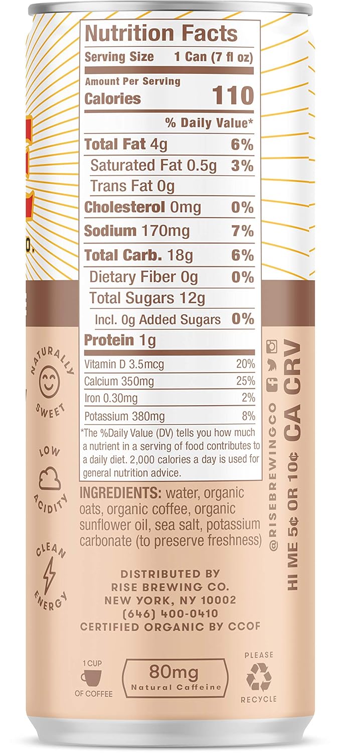 RISE Brewing Co. | Oat Milk Nitro Cold Brew Latte (12 Pack) 7 fl. oz. Cans - Organic, Non-GMO | No Sugar Added & Vegan | Draft Nitrogen Pour, Clean Energy, Low Acidity & Refreshingly Smooth: Grocery & Gourmet Food
