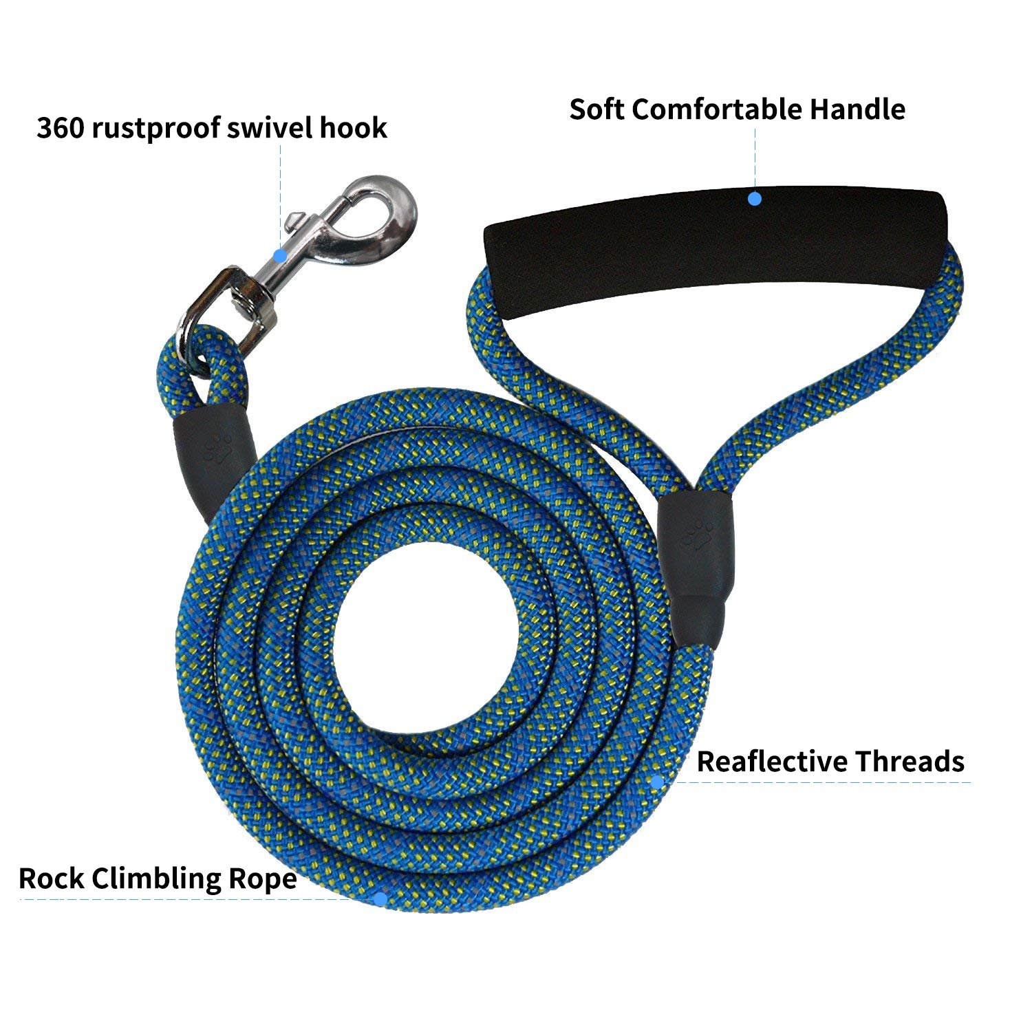 POWERIVER Dog Leash Lead, 6 Feet Strong Dog Lead with with Dog Collar, 1.8 M Heavy Duty Dog Leash with Highly Reflective Threads,Perfect for Medium and Large Dogs- Blue