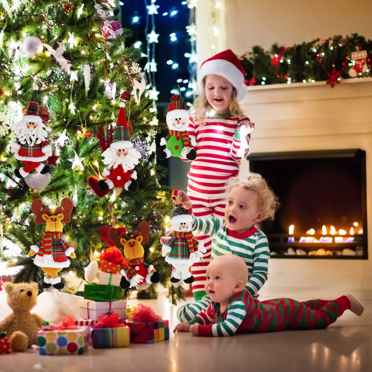 Dreampark Christmas Tree Ornaments, 6 Pack Xmas Plush Hanging Ornaments Holiday Party Decor Festive Season Pendant - Santa/Snowman/Reindeer Ornaments for Christmas Tree Decorations