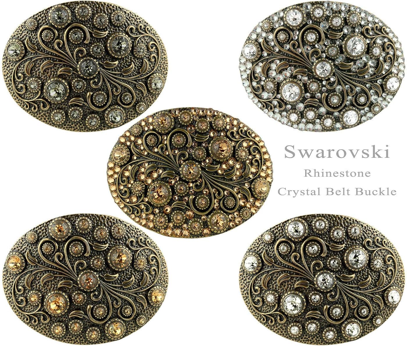 Swarovski rhinestone Crystal Belt Buckle Antique/Brass Oval Floral Engraved Buckle at  Women’s Clothing store