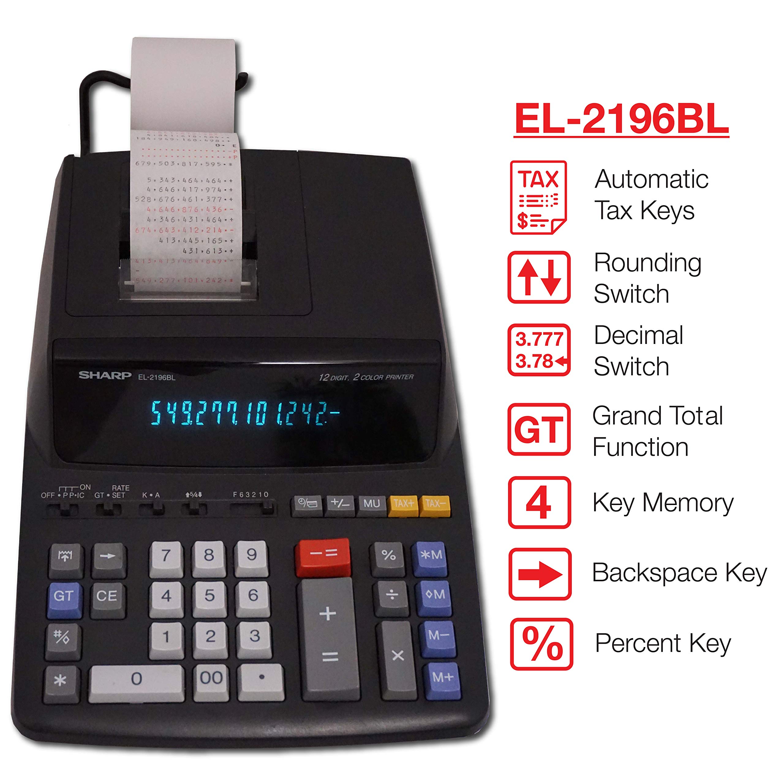 Sharp EL2196BL 12 Digit Printing Calculator, Black
