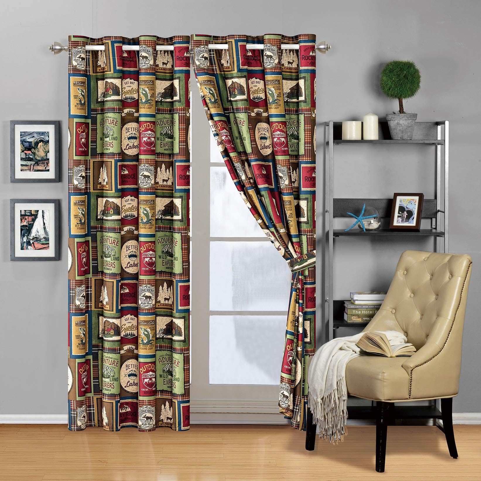 Southwestern Great Outdoors Wilderness Explorer Cabin Lodge and Lakehouse Curtain Set with Plaid Patterns and Outdoor Destination Signs – Curtain Set (Lodge, Microfiber)