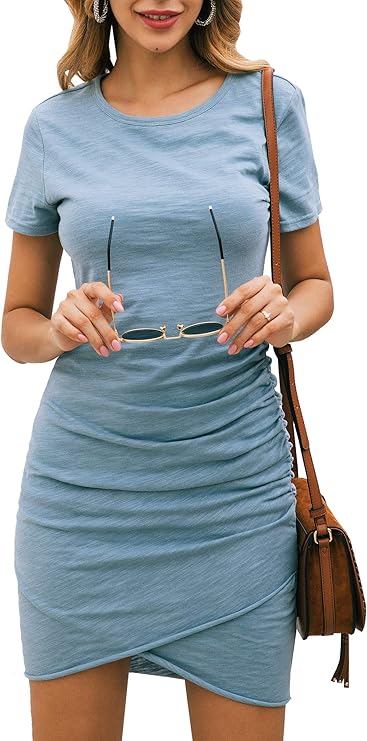 BTFBM Women's 2020 Casual Crew Neck Ruched Stretchy Bodycon T Shirt Short Mini Dress (104Blue, Small) best women's spring dresses
