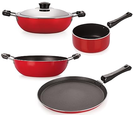 Nirlon Non-Stick Aluminium Cookware Set, 4-Pieces, Red (KD13_DKDB_SPM_FT10)