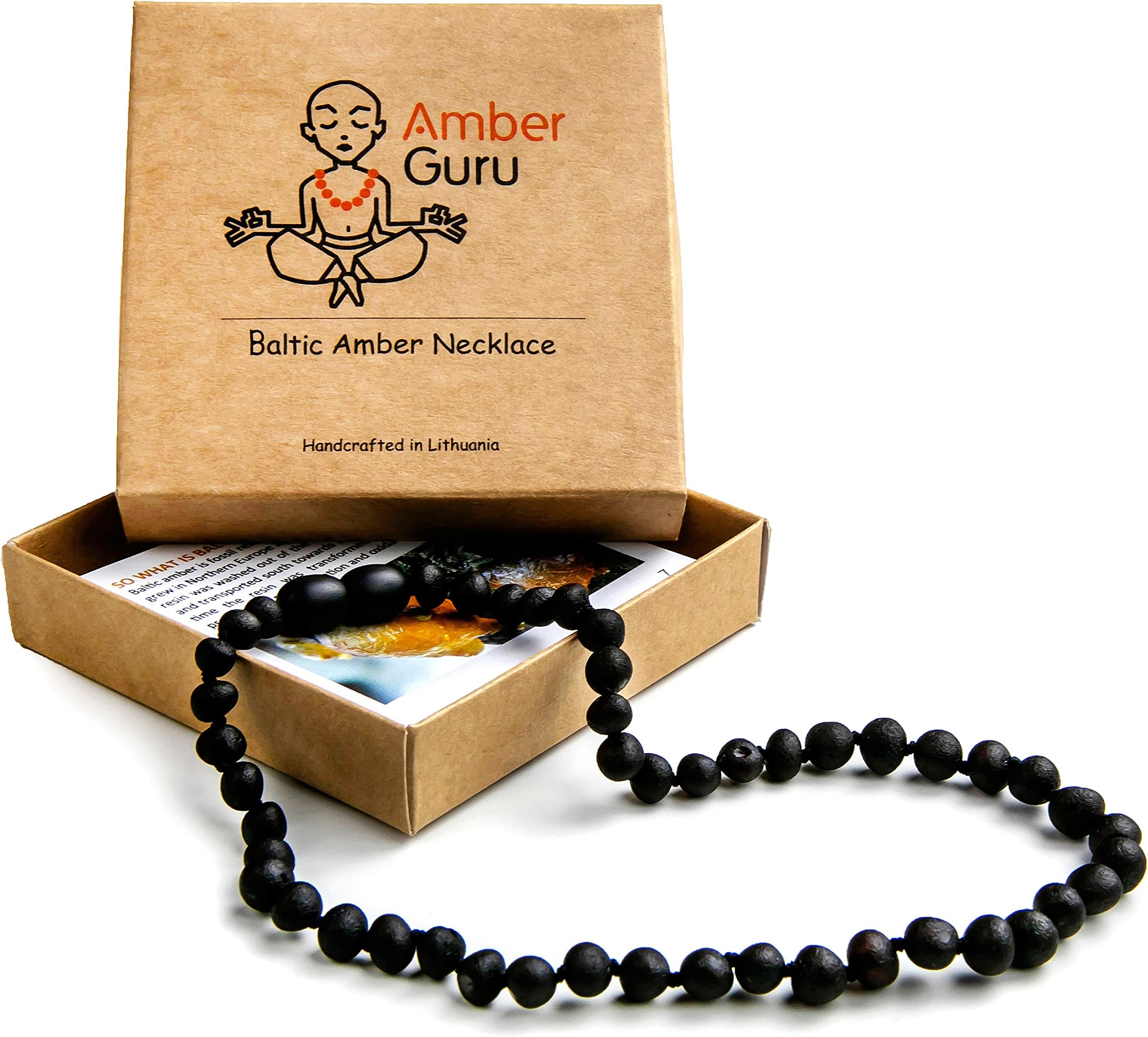 Baltic Amber Necklace - Immune Boost, Anti Inflammatory, Drooling & Pain Relief Properties - 12.5 Inches Unisex Organic Jewelry with Raw Unpolished or Polished Beads (Black (unpolished))