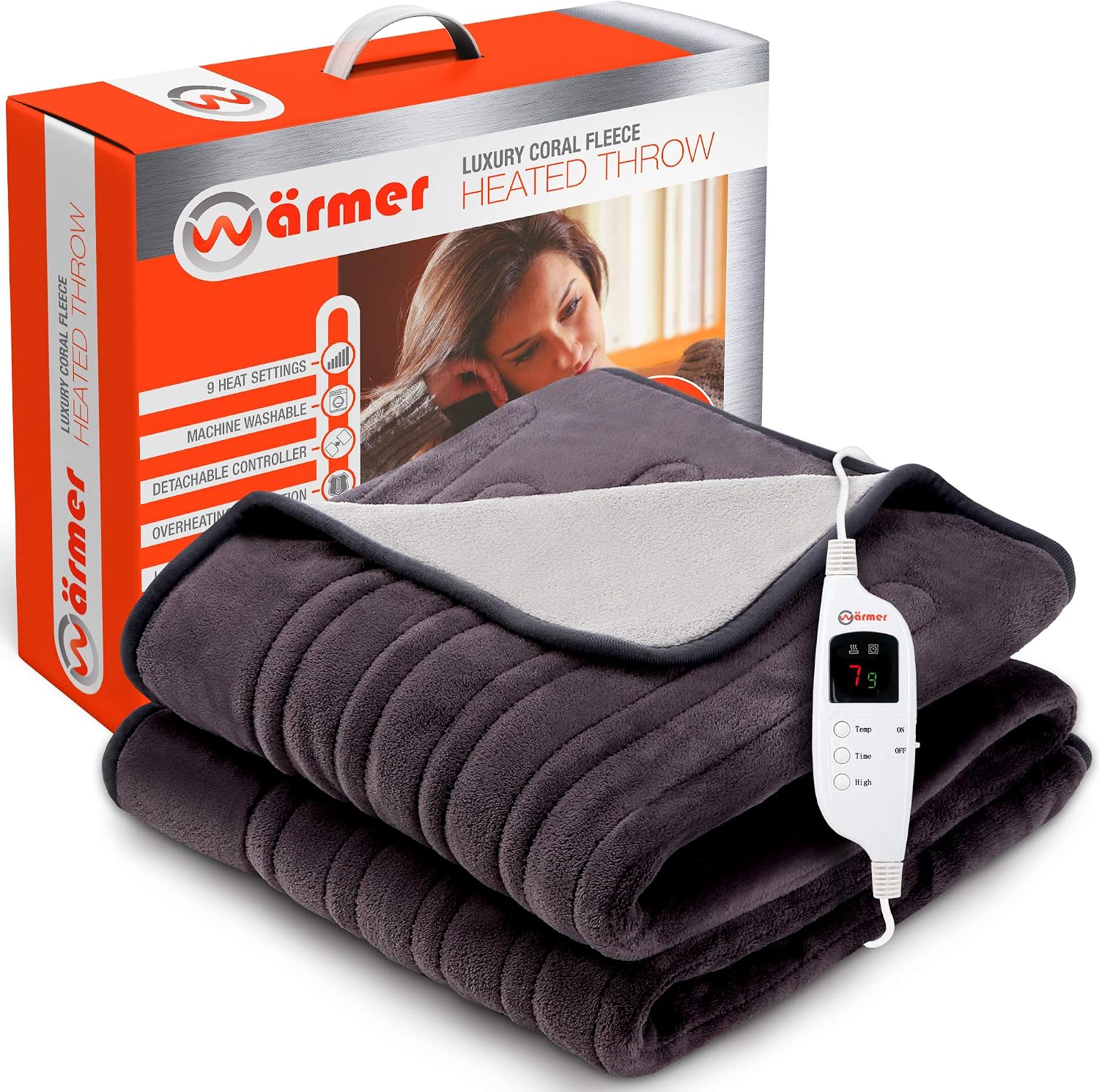 Warmer Electric Heated Throw Blanket, Extra Large 200 x 130cm Digital Controller, Timer, 9 Heat Settings, Auto Shutoff