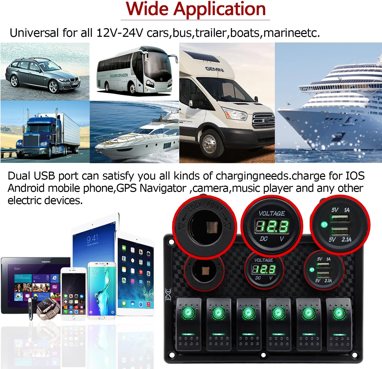FXC Waterproof Marine Boat Rocker Switch Panel 6 Gang with Dual USB Slot Socket + Cigarette Lighter + Digital Voltage Display LED Light for Car Rv Vehicles Truck (6 Gang Green Light) : Sports & Outdoors