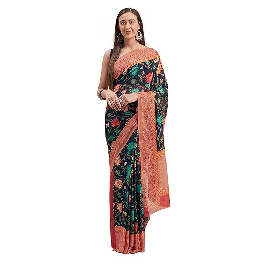 Womanista crepe with Blouse Piece Saree (TI1236_ Navy Blue & Red_ Onesize)