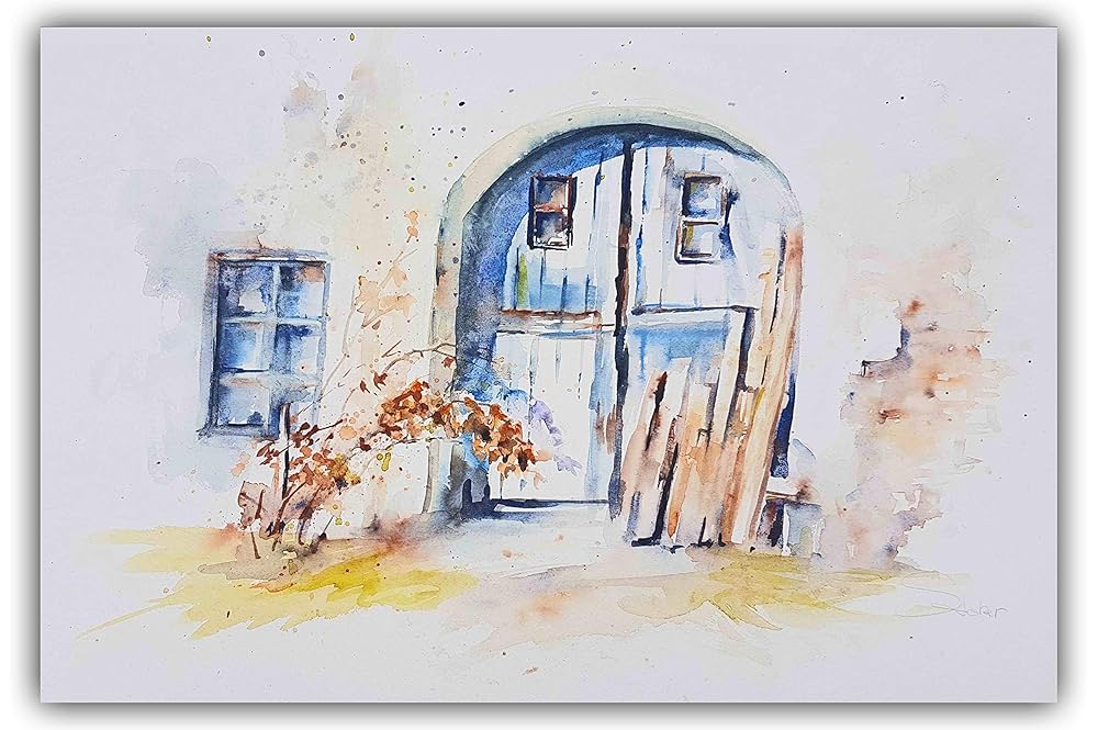 Aquarellbild - blau - handgemalt"Altes Scheunentor": Amazon.de: Handmade
