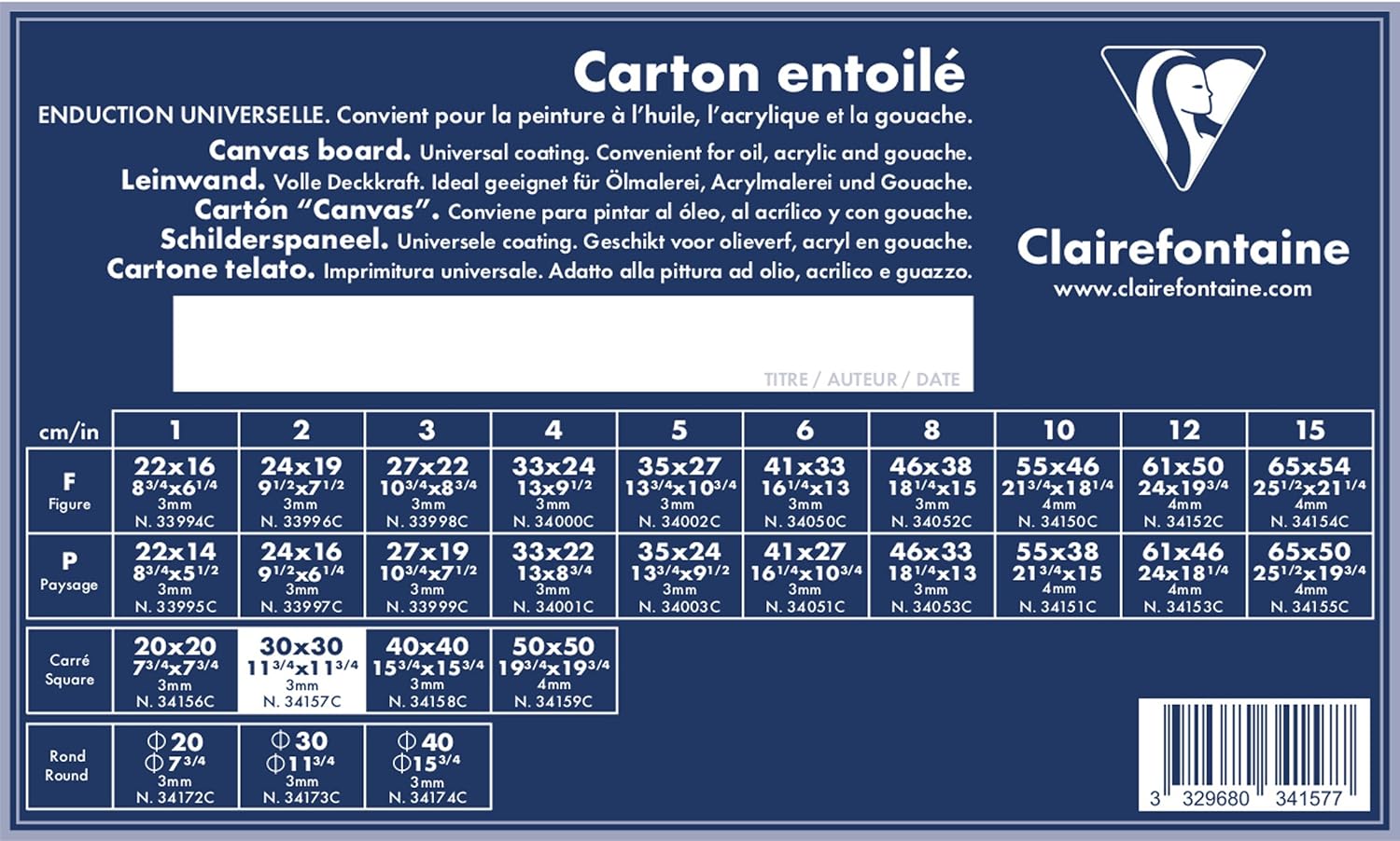 Clairefontaine, Ref 34157C, White Canvas Board (Square), 30 x 30cm, 3mm Thick, Made from 100% Cotton
