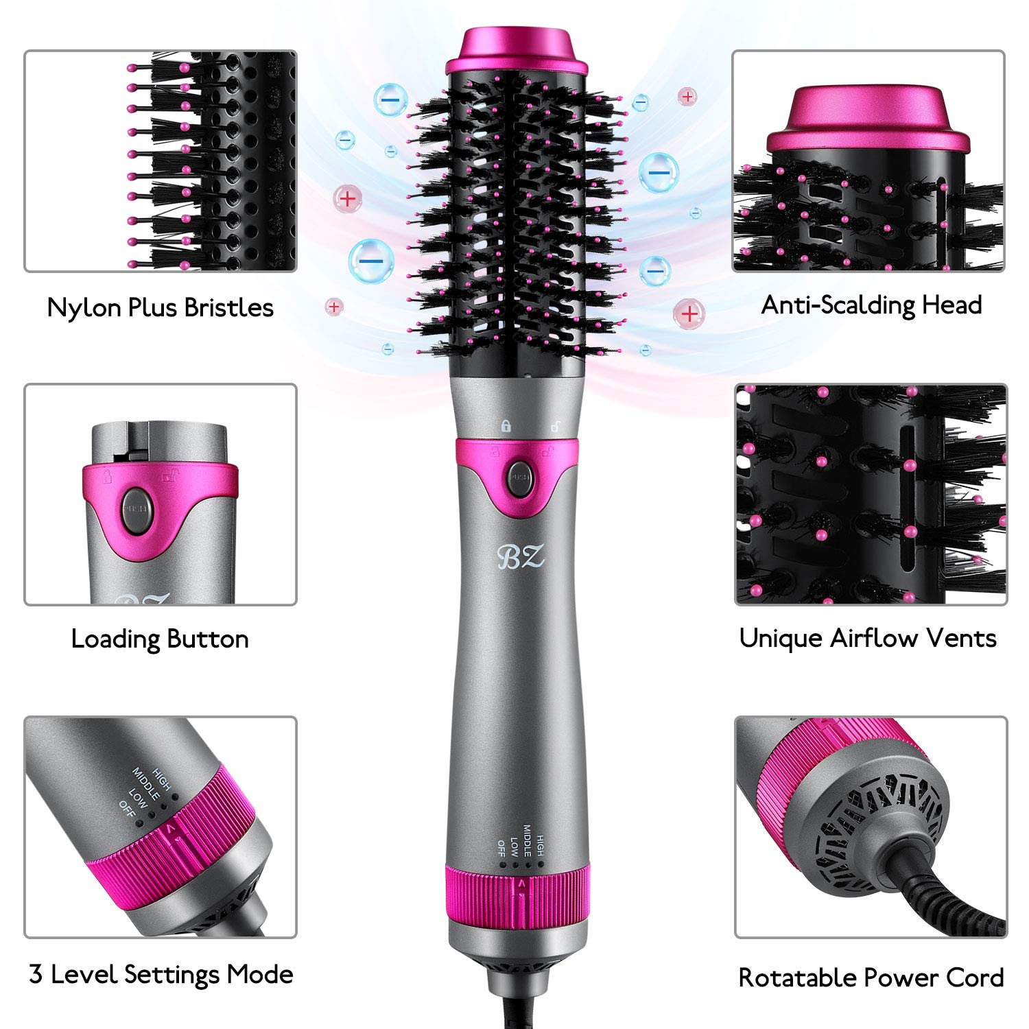 BZ 6 in 1 Hair Dryer Brush and Volumizer, Detachable Hair Dryer Styler, One-Step Hot Air Brush for Straightening Curling Drying Combing Scalp Massage Styling : Beauty