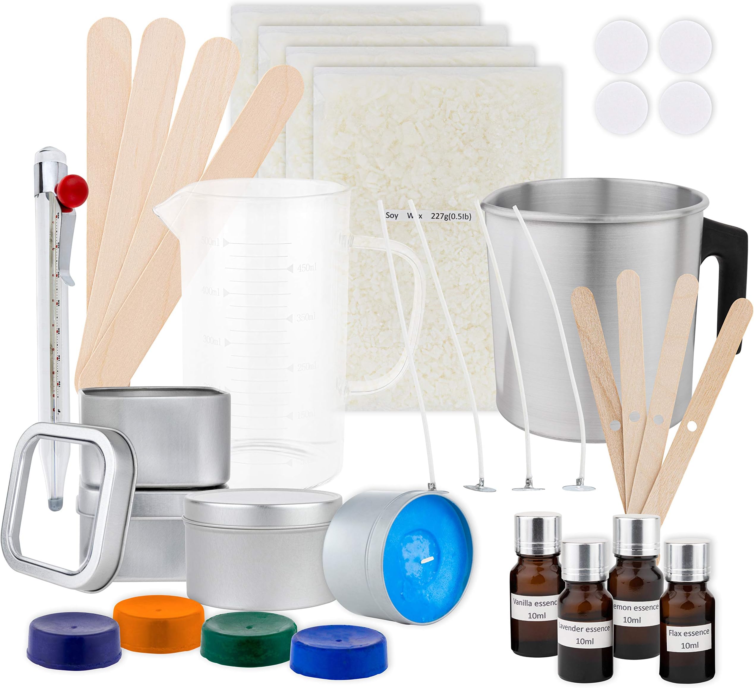 DIYARTZ DIY Candle Making Kit Supplies – Makes Four Scented Soy Candles – Includes Wax, Tins, Wicks, Pouring Pitchers, Fragrances, Dyes, Stirring Sticks, Thermometer – Candles Art & Craft Set