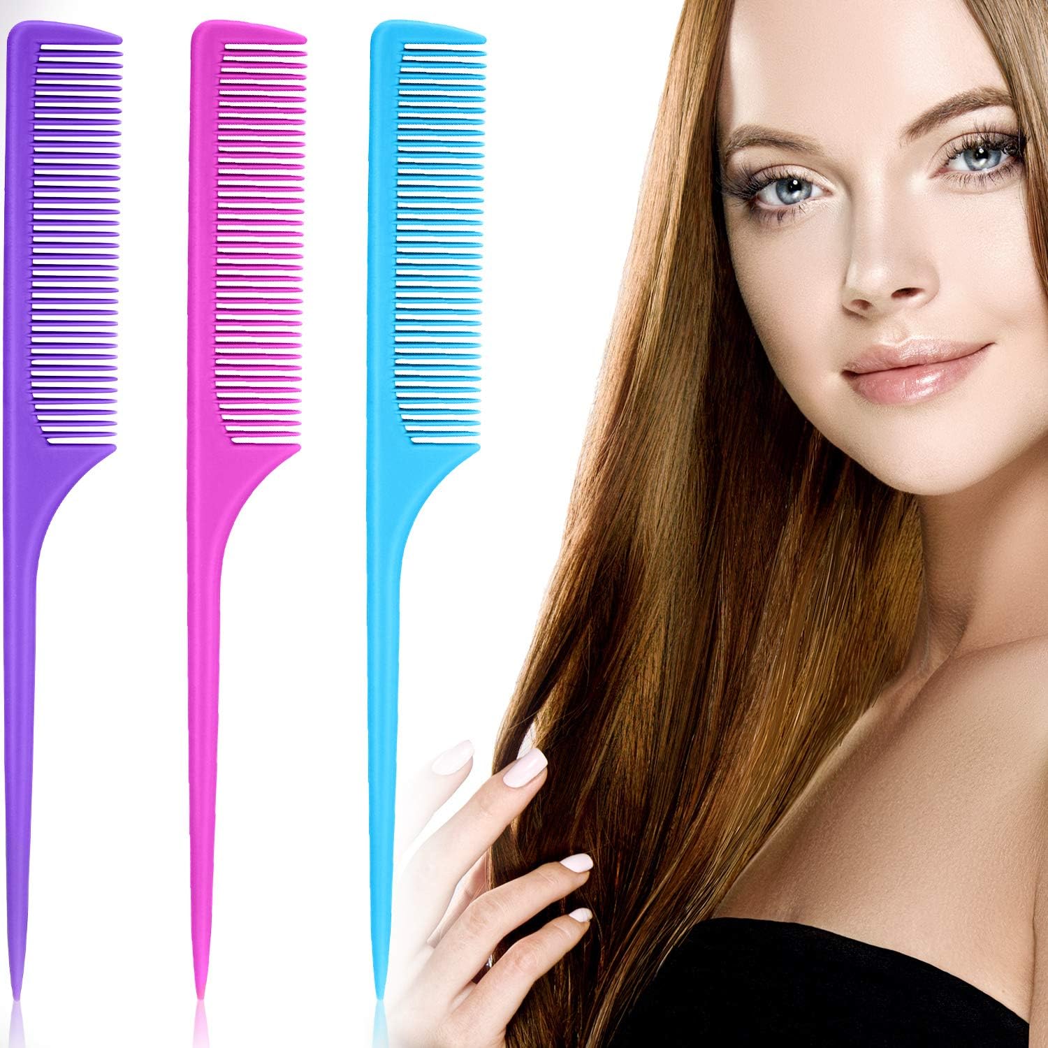 3 Pieces Plastic Rat Tail Comb Set, 9 Inch Pintail and Fiber Teasing Combs With Thin and Long Handle for Men Women, Girls
