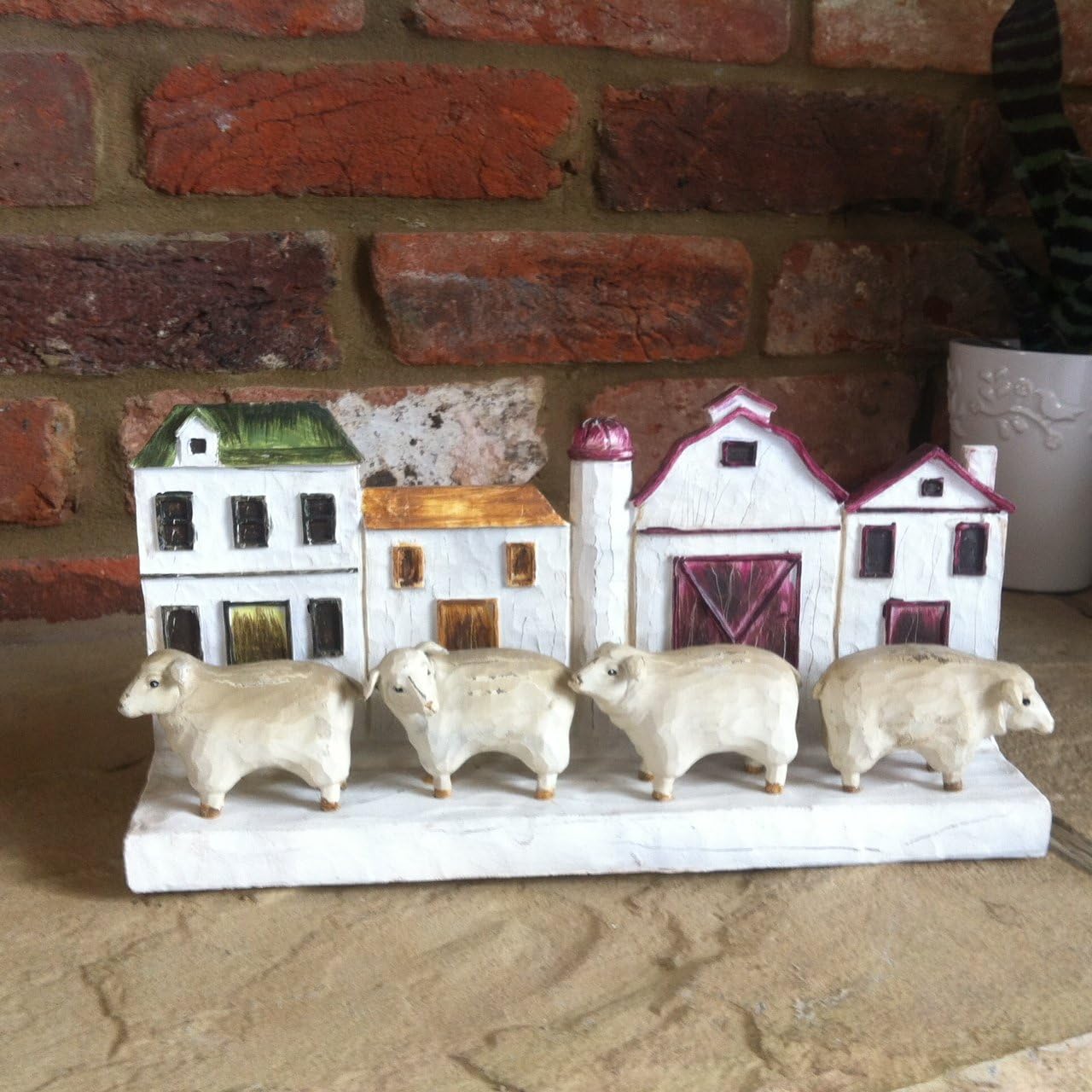 Resin Wood Effect Rustic Country Farmhouse Sheep and Cottages Shabby Shelf Ornament