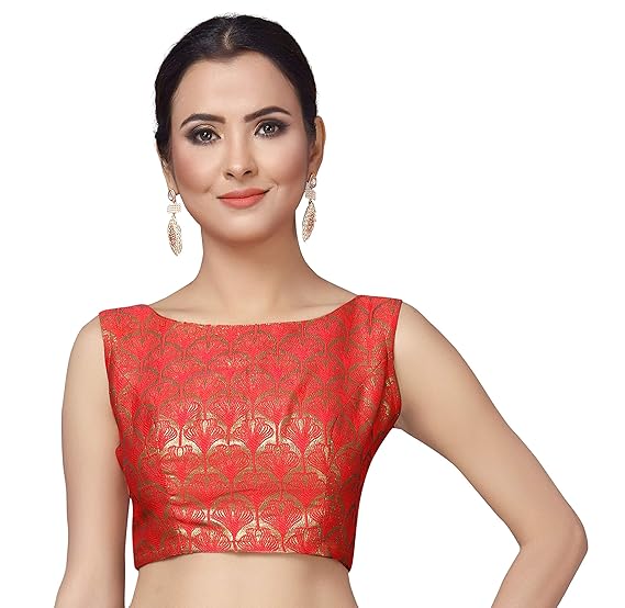 Women's Golden Red Tulip Brocade Stitched Sleeveless Saree Blouse