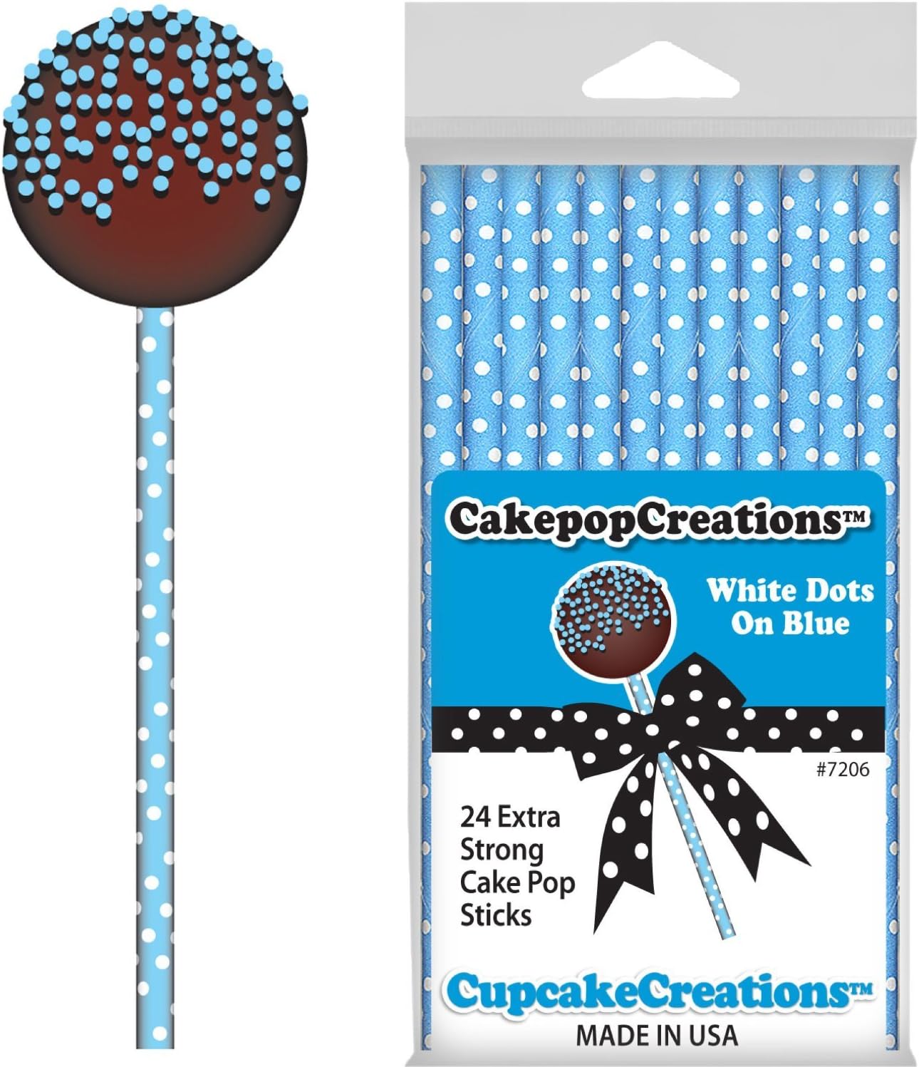 White Dots on Blue Cake Pop Sticks (Pkg of 24)