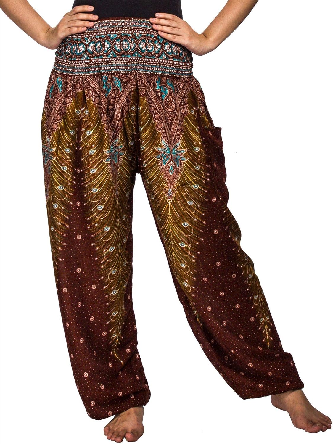 Lofbaz Pantaloni Harem Donna A Vita Bassa Con Coullisse - Stampa Pavone Viola Taglia 2XL