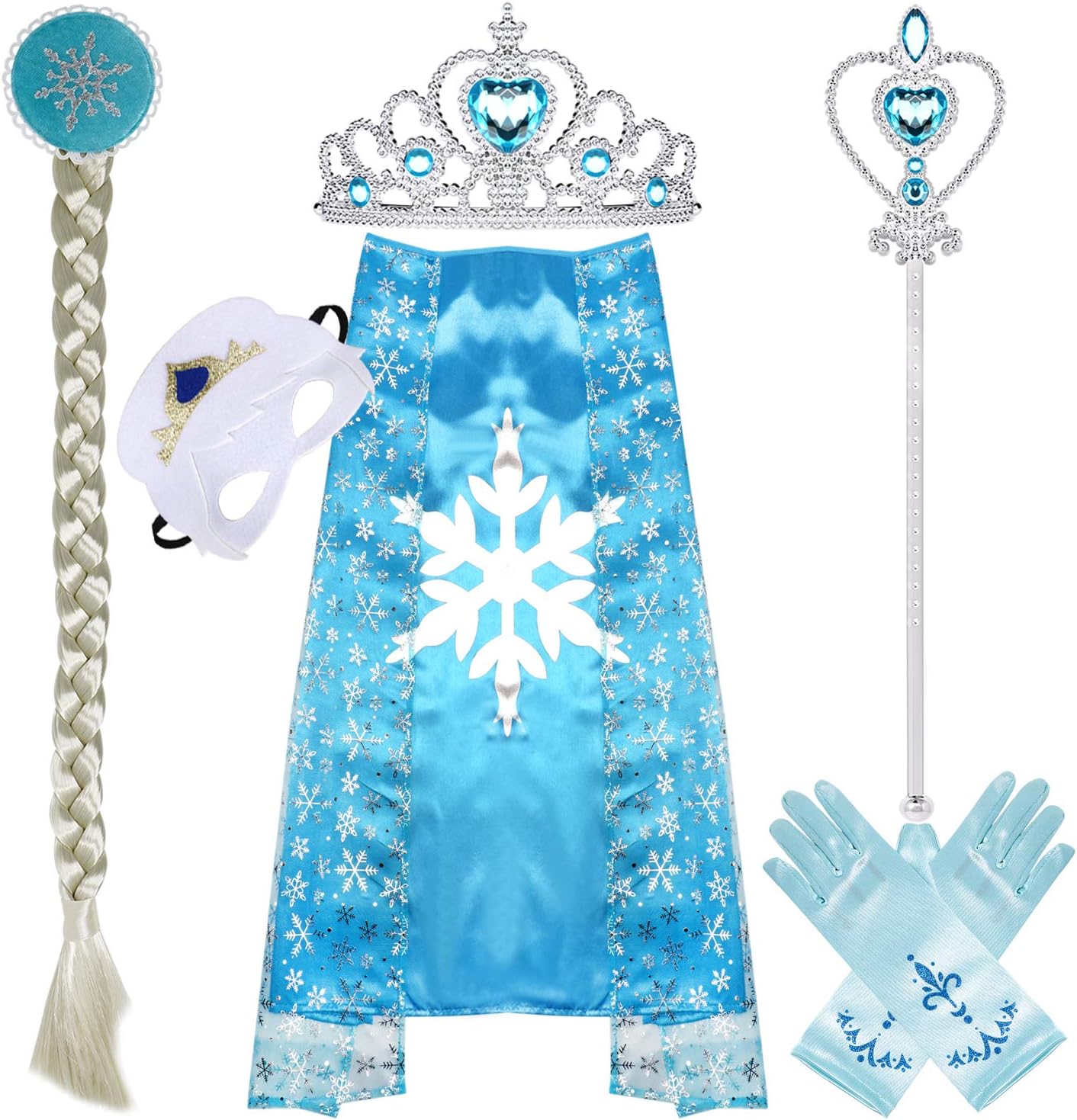 ANNTOY Princess Dress Up 7 Pcs Elsa Crown Gloves Wig Wand Cloak Mask Princess Accessories for Girls (Blue), Medium