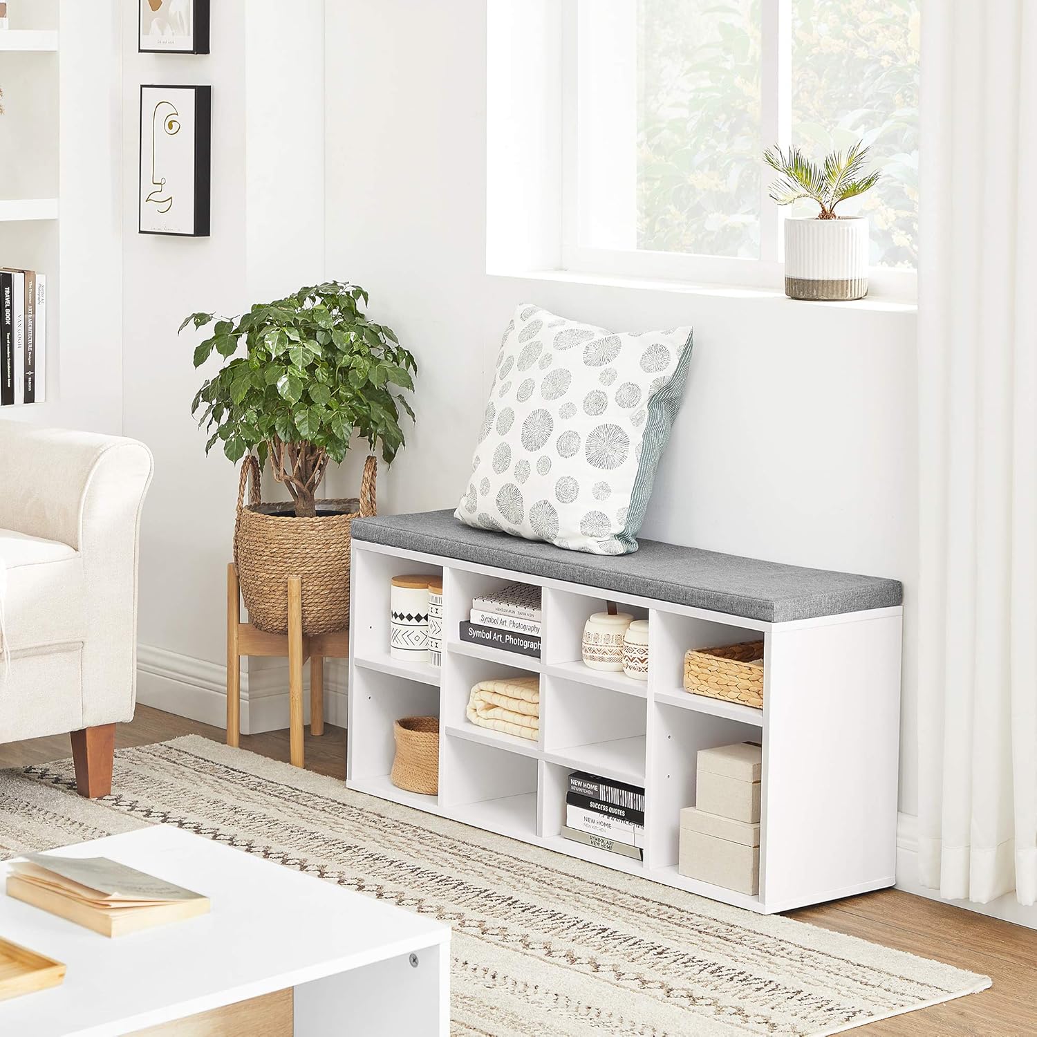 VASAGLE Cubbie Shoe Cabinet Storage Bench with Cushion, Adjustable Shelves, Holds up to 440lb, White ULHS10WT: Kitchen & Dining