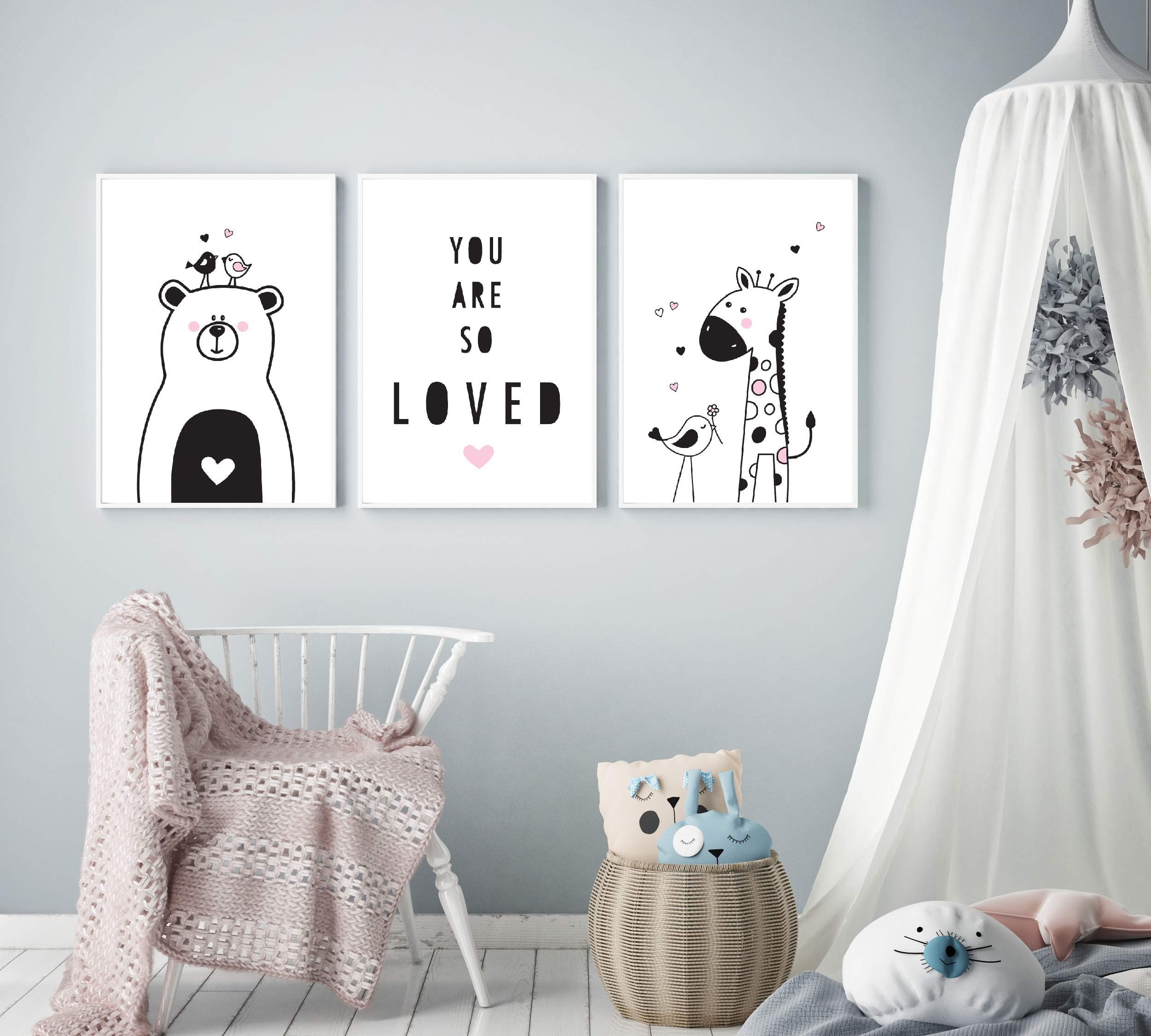 Modern Nursery Art by Mila Lou - Set of 3 - Framed - 10x12 - Cute Animals Kids Room Wall Decor (Pink Accents)