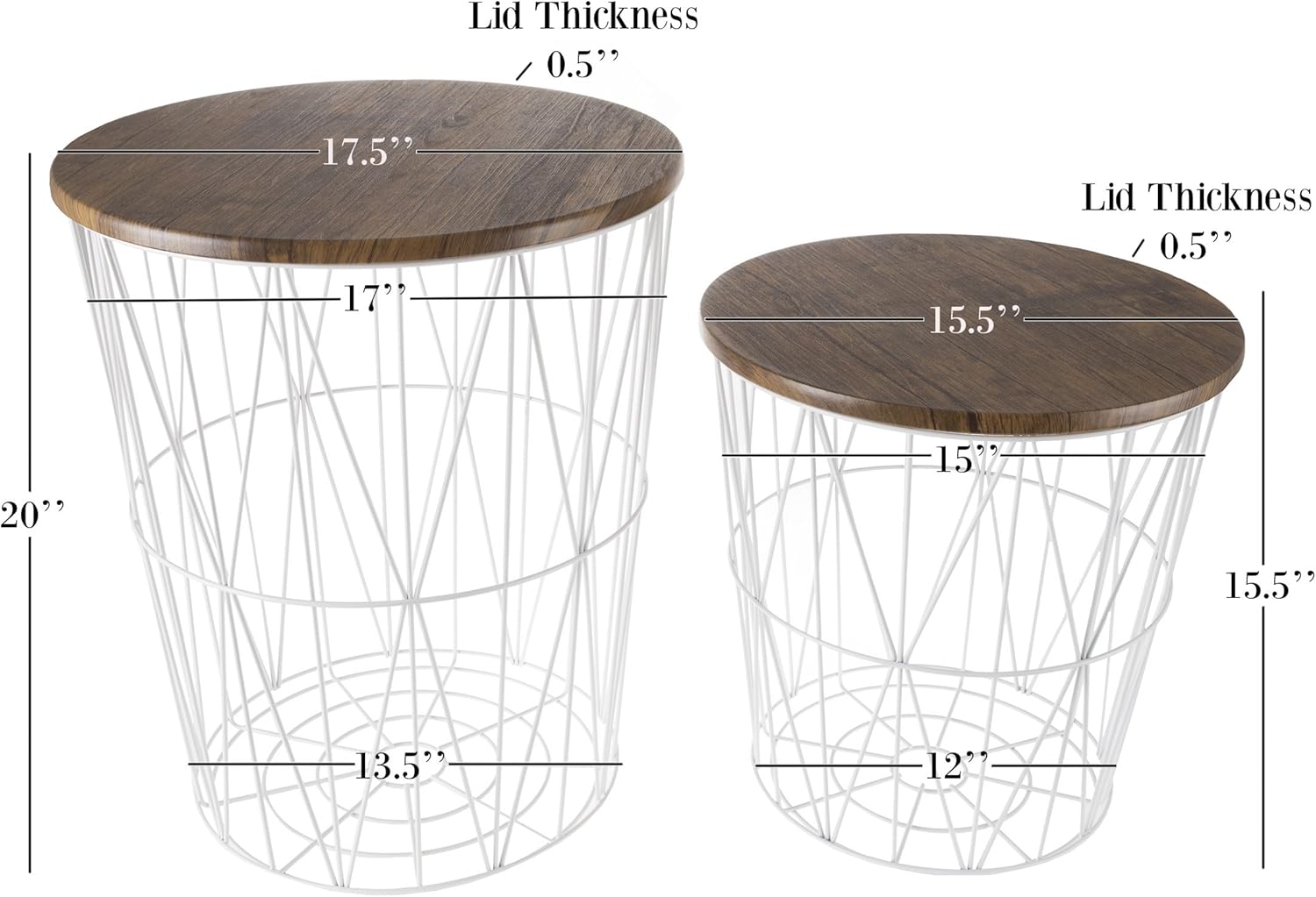 Lavish Home Convertible Round Metal Basket Veneer Wood Top Accent Side Home and Office Nesting End Tables with Storage- (Set of 2), White: Home & Kitchen