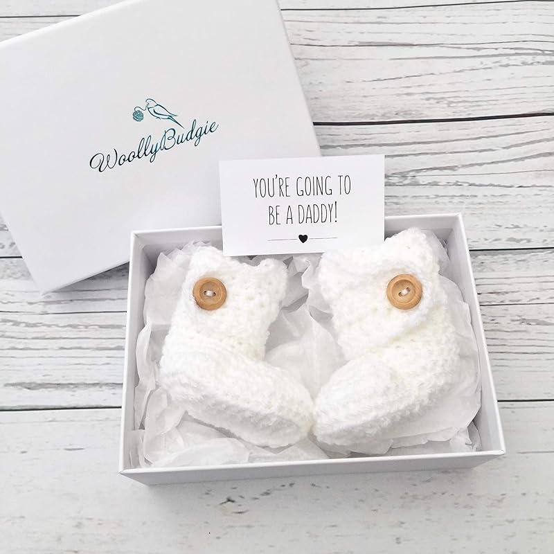 daddy to be pregnancy announcement booties, white crochet baby booties