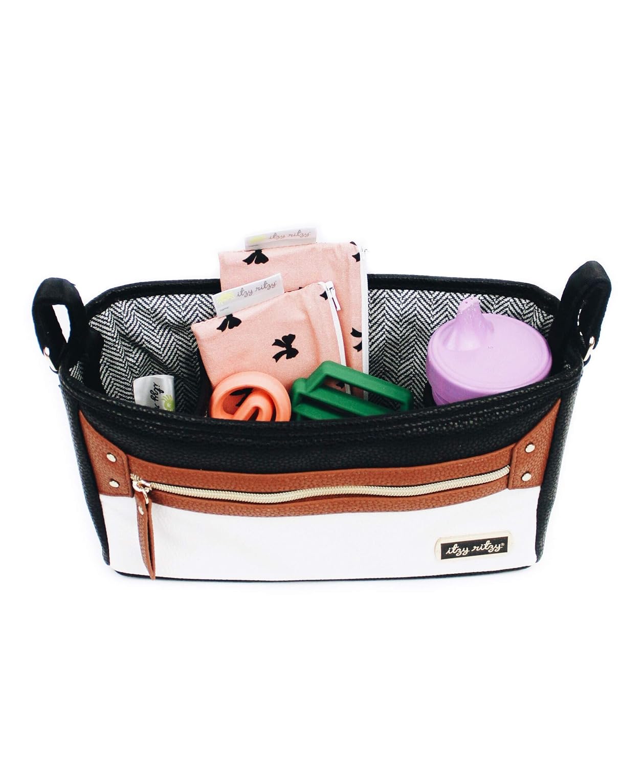 Itzy Ritzy Adjustable Stroller Caddy – Stroller Organizer Featuring Two Built-in Pockets, Front Zippered Pocket and Adjustable Straps to Fit Nearly Any Stroller, Coffee and Cream : Baby