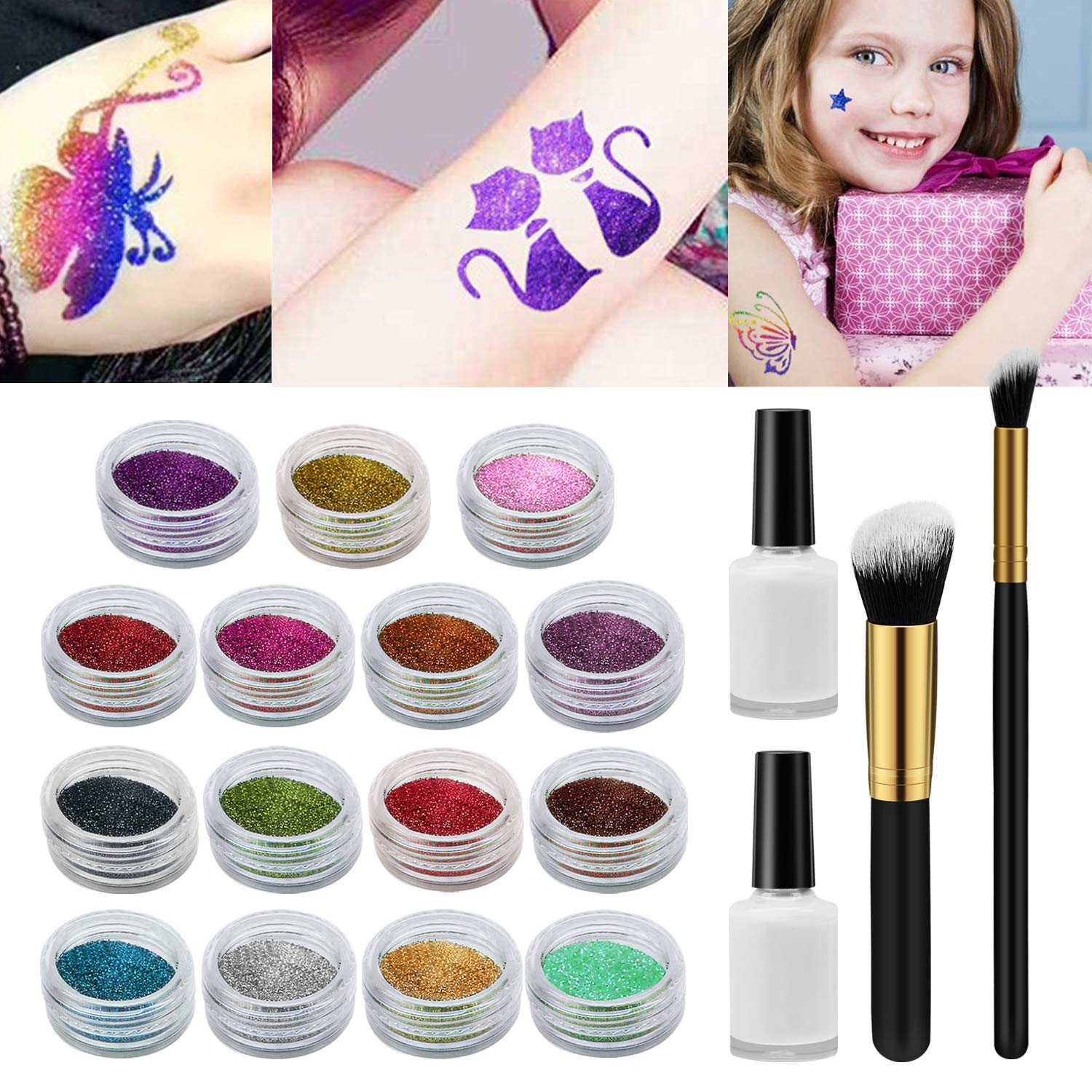 Tattoo-Kit Xpassion Temporäre Glitzer Tattoo Make Up Körper Glitzer Kunst Design für Kinder Teenager Erwachsene, mit 15 Farben der Glitzer, 48 Blatt Einzigartig Themed Tattoo Schablone