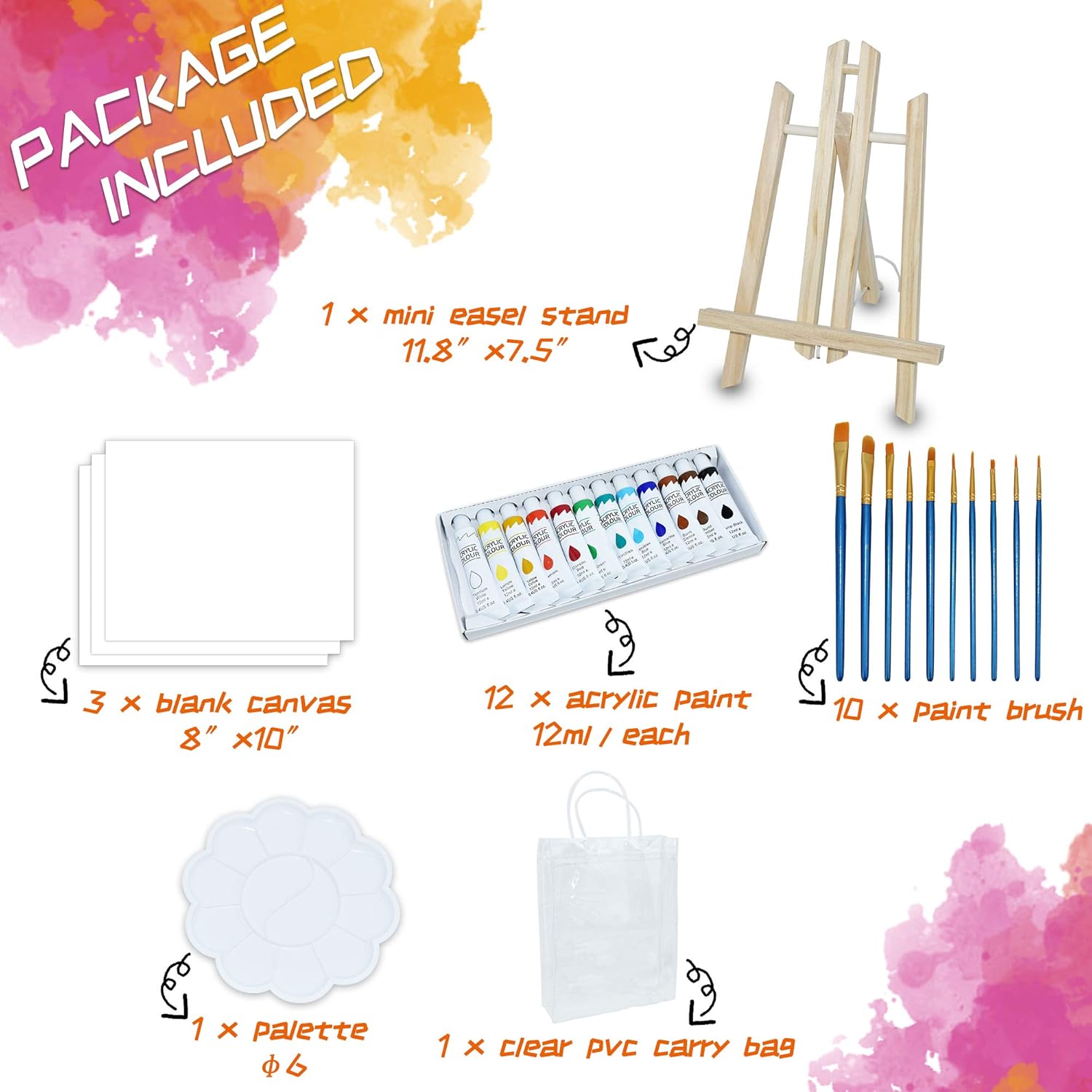 NIECHO Acrylic Painting Set for Kids/Beginners - 28 Piece Artist Paint Kit Supplies with Mini Table Easel,3 Canvases,10 Brushes,12 Paints,Palette and Carry Bag: Home Improvement
