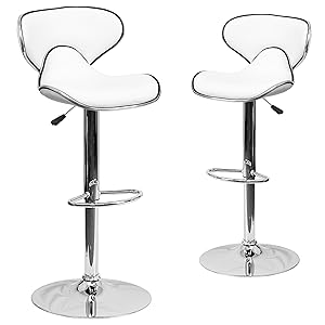 Flash Furniture 2 Pk. Contemporary Cozy Mid-Back White Vinyl Adjustable Height Barstool with Chrome Base