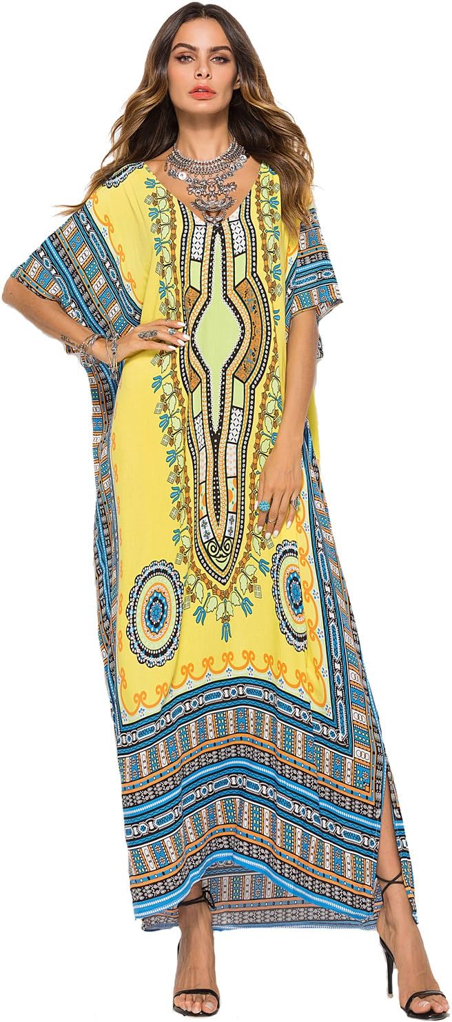 Women's White Ethnic Print Kaftan Maxi Dress Summer Beach Dress