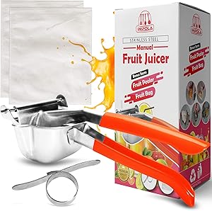 IMPOLA Stainless Steel Fruit Juicer - Fruit Juicer Squeezer - Heavy Duty Manual Fruit Juicer Squeezer with Fruit Peeler & 2 x Fruit Bags - No-Mess Fruit Squeezer - Manual Juicer Stainless Steel