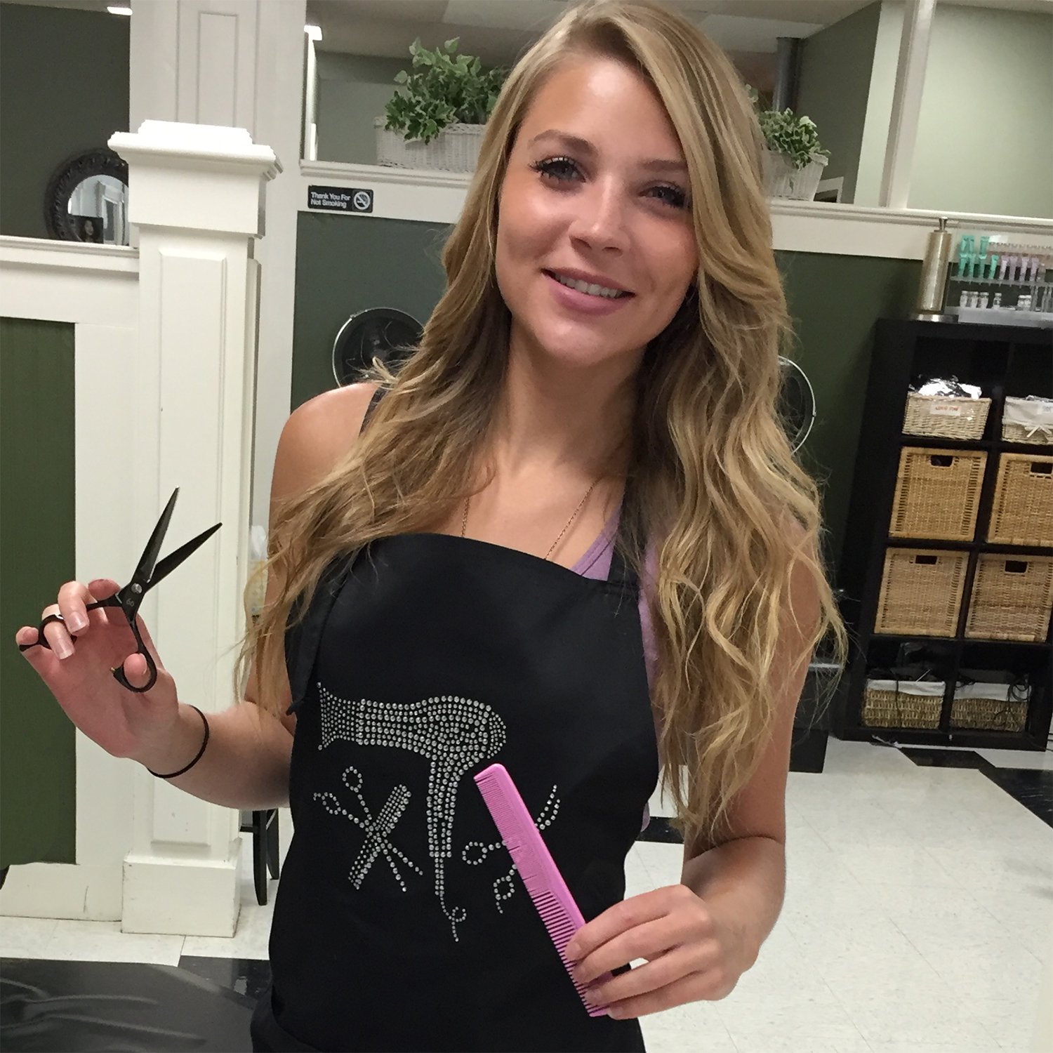 Hair Stylist Salon Apron with Rhinestone Scissor and Comb Design, Black with 3 Pockets: Beauty