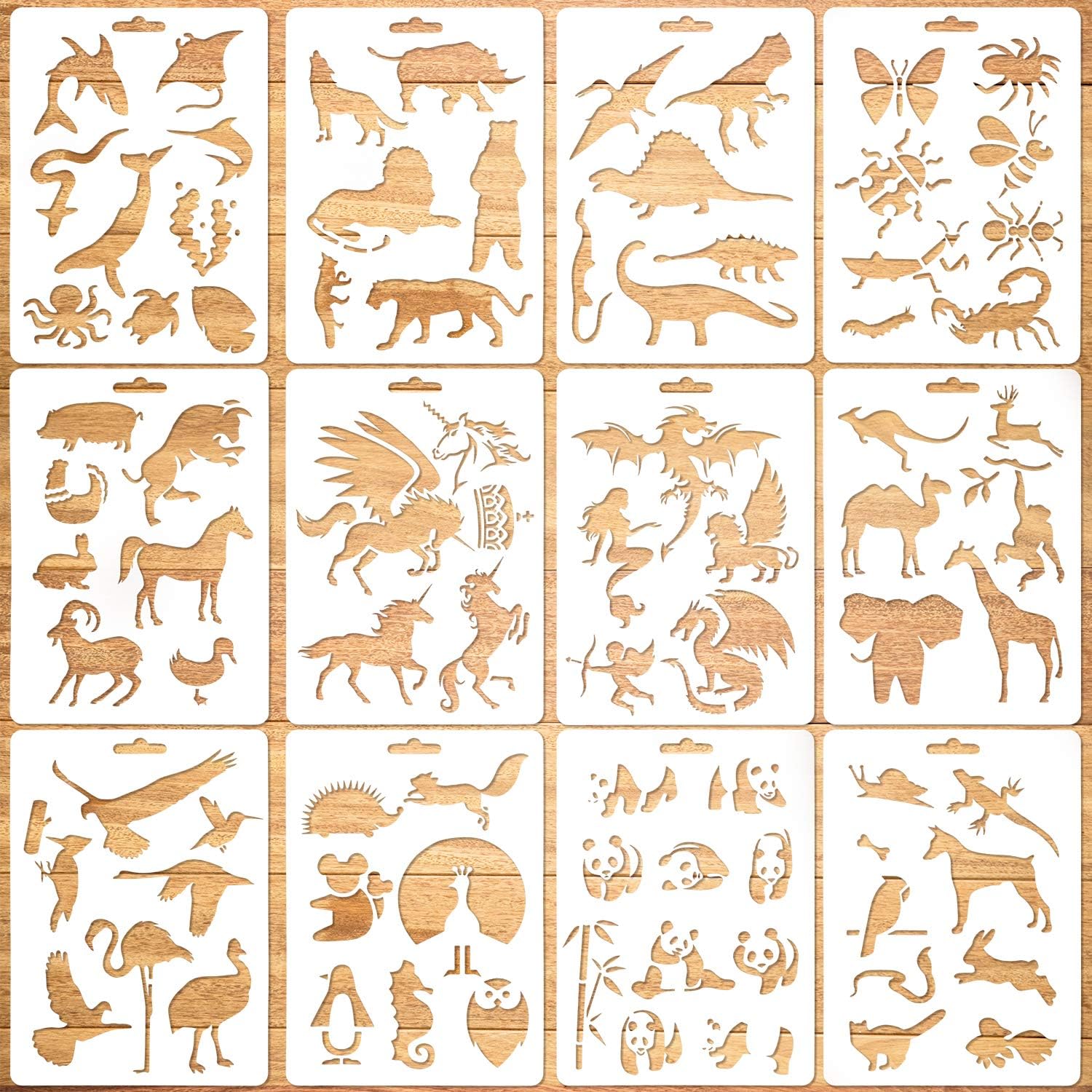 Qpout 12Pack Animal Stencils Templates for Kids, 7x5 inch Reusable