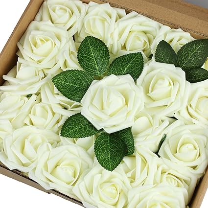 Amazon Com Vlovelife 50pcs Ivory Real Looking Fake Roses Artificial Amazon Com Vlovelife 50pcs Ivory Real Looking Fake Roses Artificial