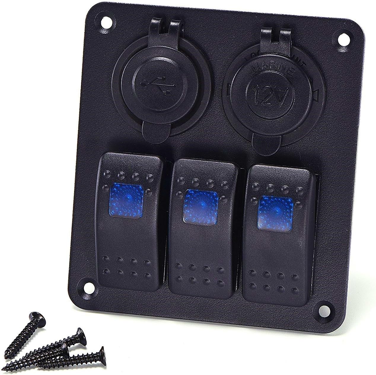 MKING Waterproof 3 Gang Car Marine Boat Rocker Switch Panel with Fuse Dual USB + Power Socket Digital Voltmeter Overload Protection for RV Car Boat (3 Gang)… (B-3GANG-BLUE) : Sports & Outdoors